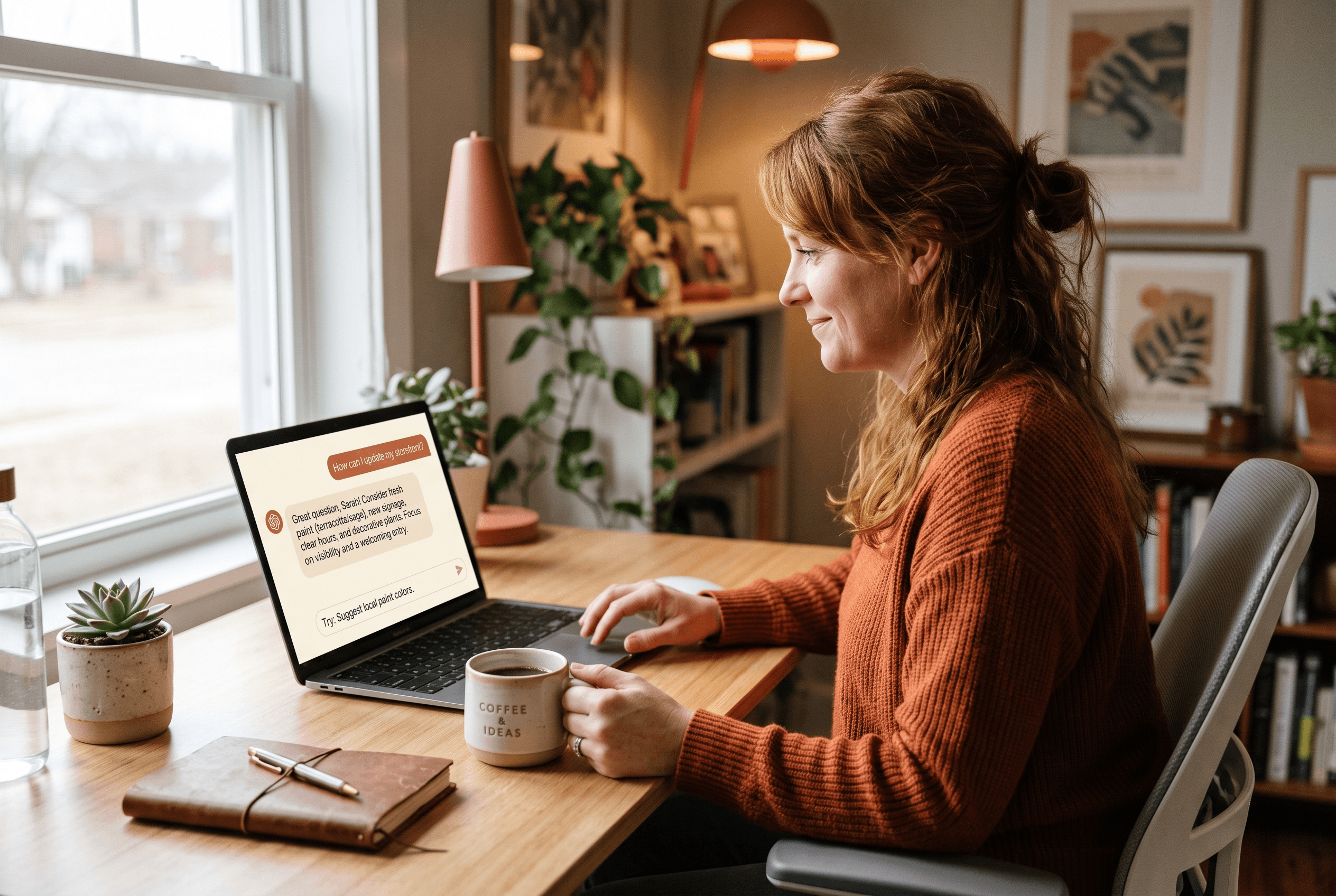 A small business owner at a modest office desk reads an AI assistant answer about agentic search on a laptop in warm daylight