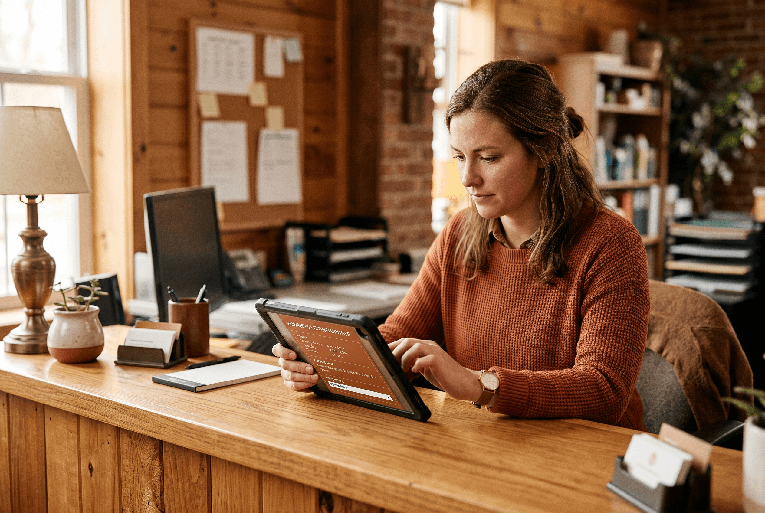 Front-desk staff at a small Fort Wayne business update service and pricing details into plain readable text on a tablet