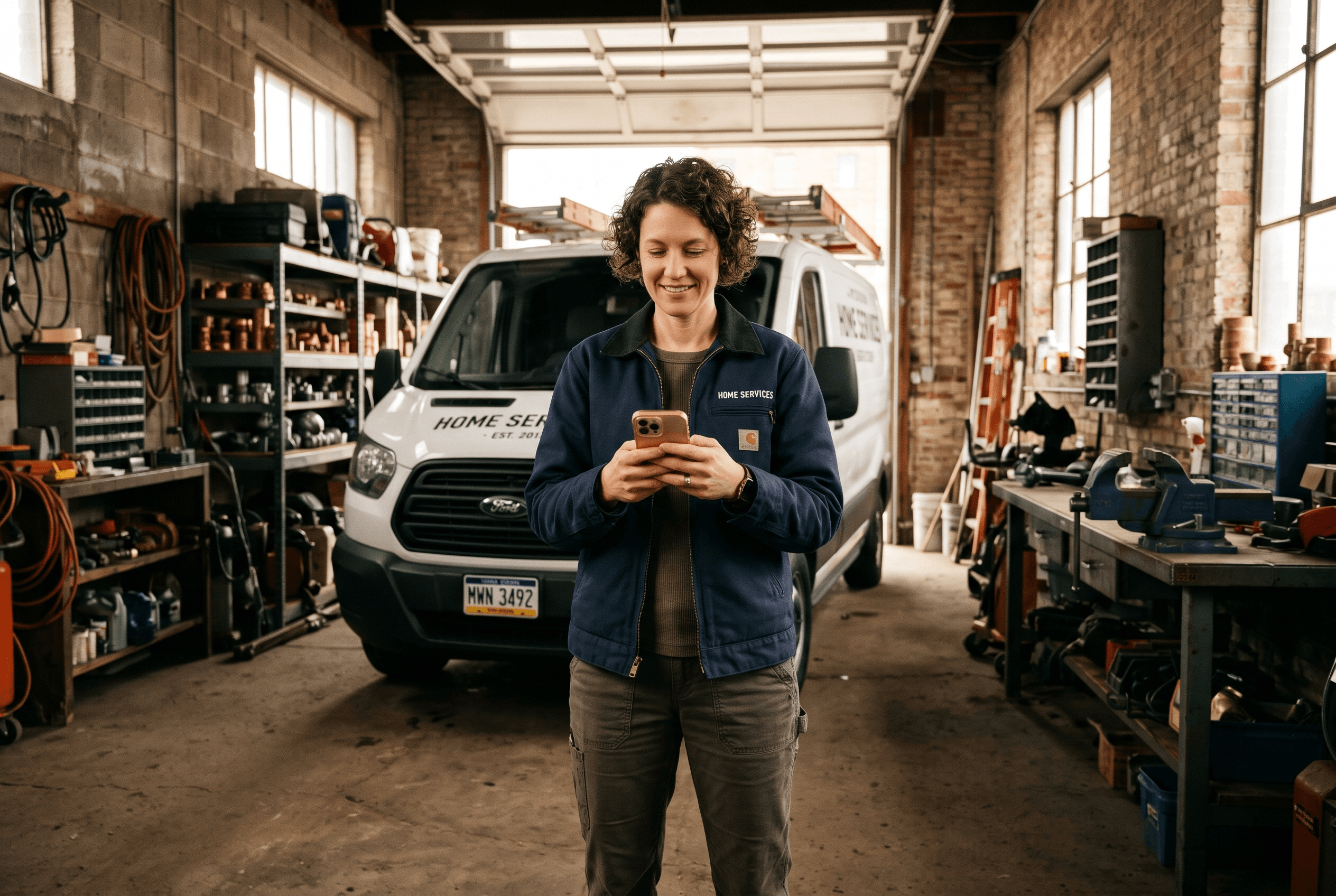 A Fort Wayne HVAC owner runs a test search on a phone in the shop to see whether an AI assistant names the business