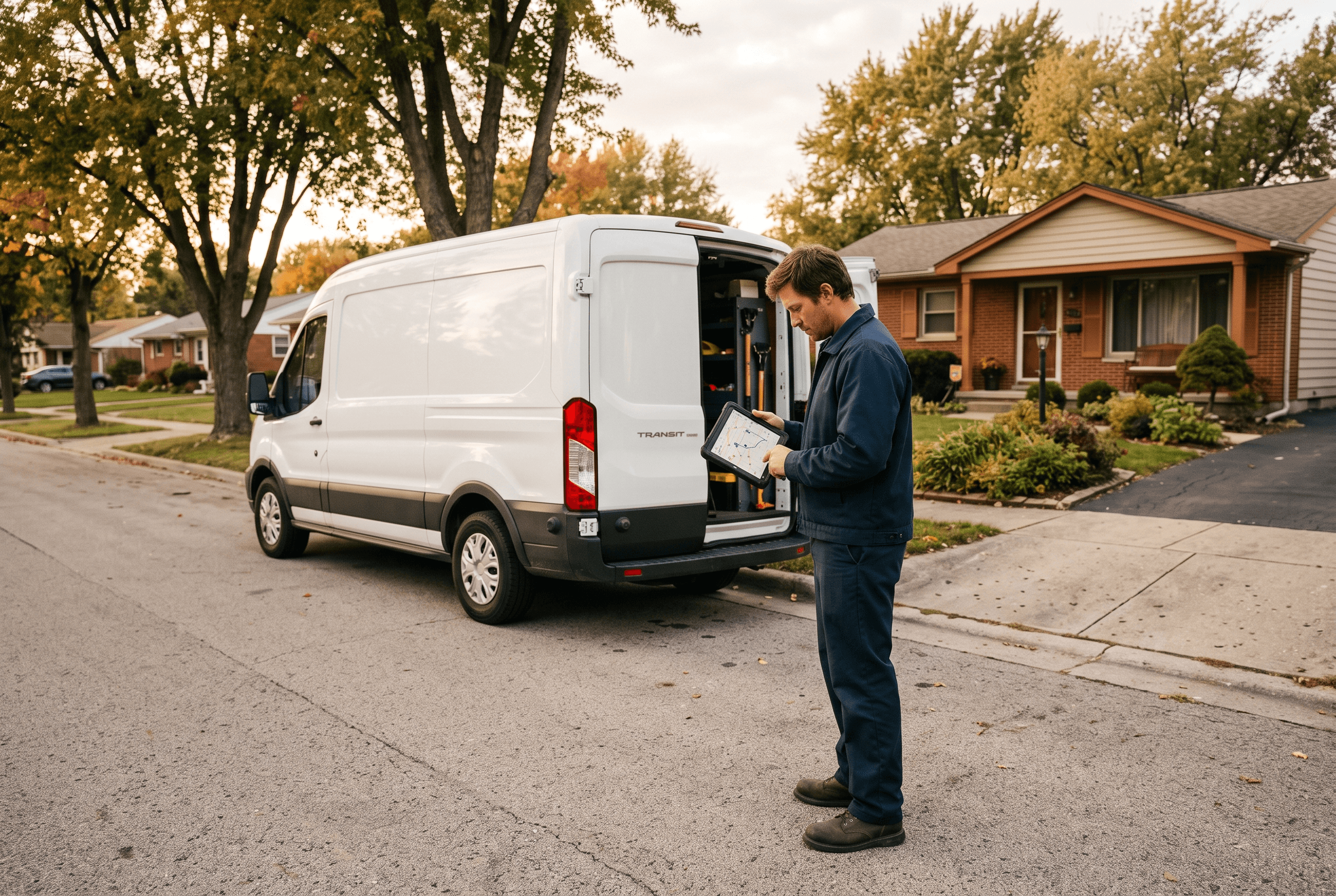 A Northeast Indiana service technician stands beside a work van outside a residential home, checking a tablet showing the day’s job route and service area