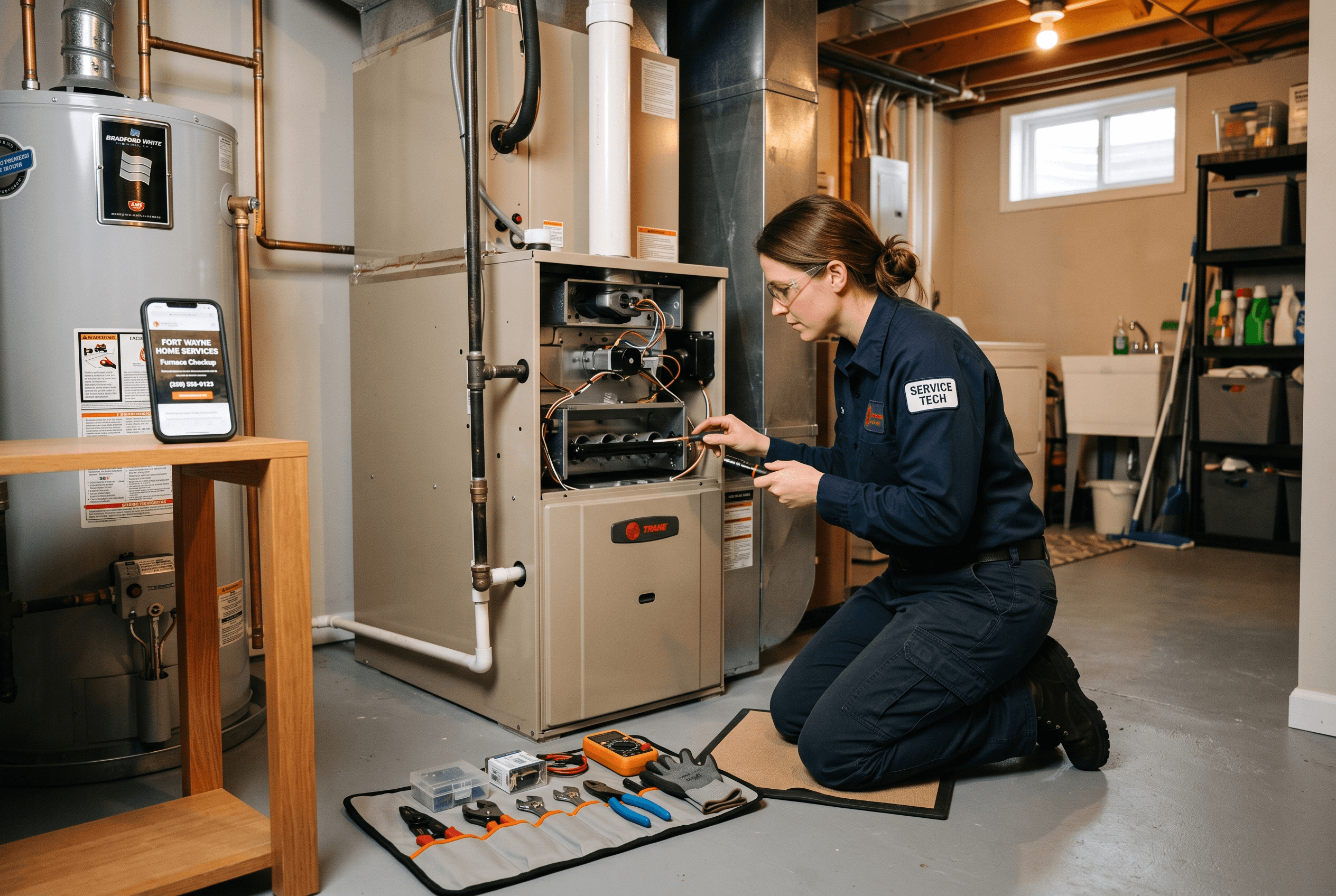 An HVAC technician services a home furnace in a New Haven Indiana basement while a phone on a nearby shelf shows the company’s local service page