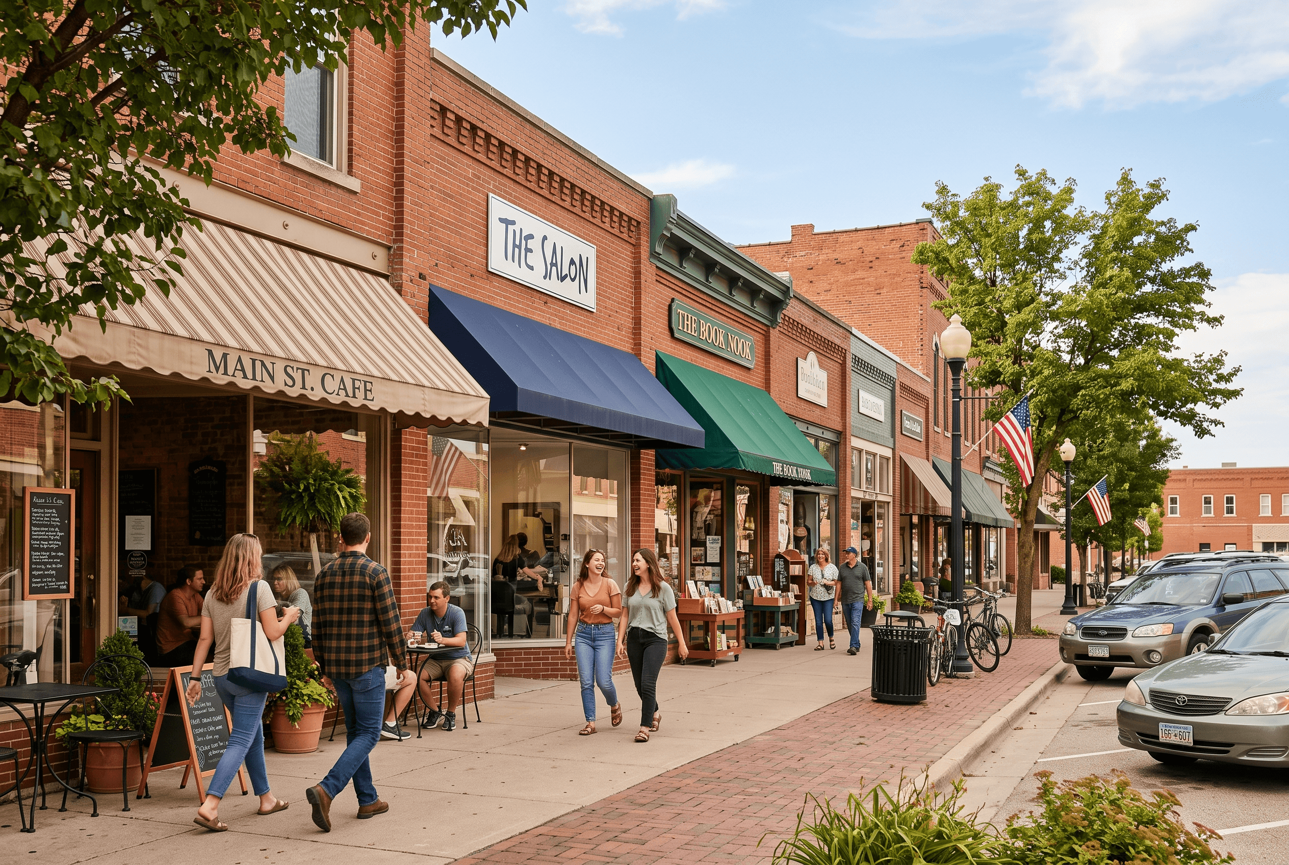 A row of small independent storefronts along a downtown Fort Wayne district street in warm daylight