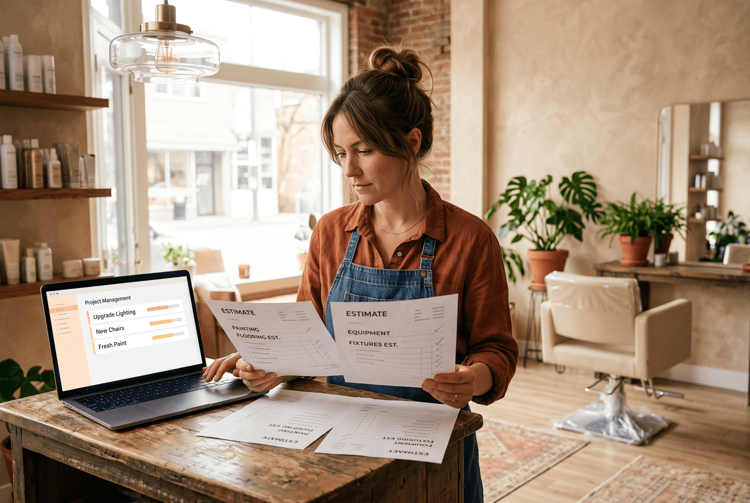 A salon owner reviews two written estimates at a counter while planning improvements funded by a small business grant