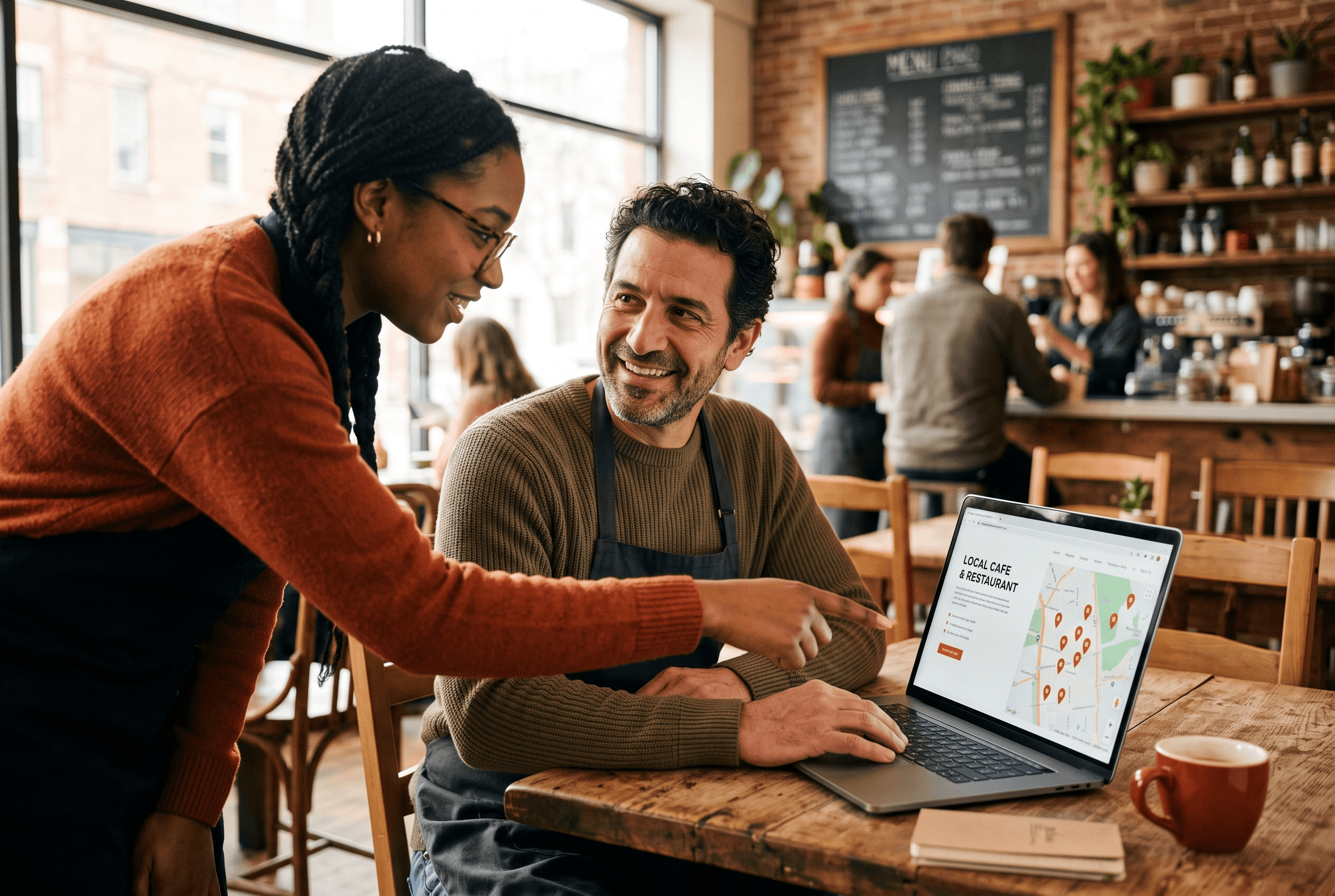 A restaurant owner and a helper look at a new website and Google Business Profile on a laptop at a cafe table