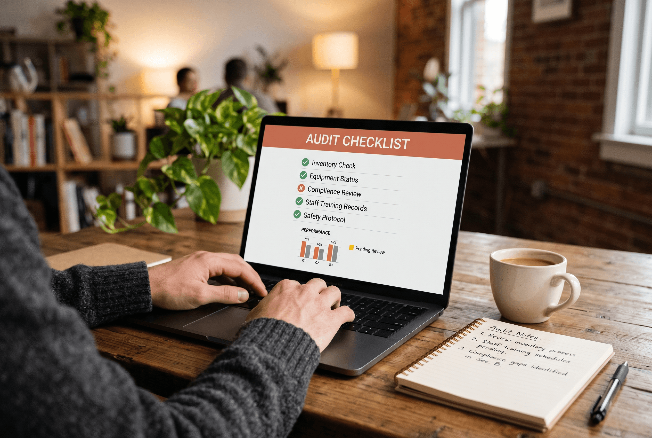 Close-up of hands at a laptop reviewing an ecommerce readiness checklist with pass and fail results for product pages and store policies