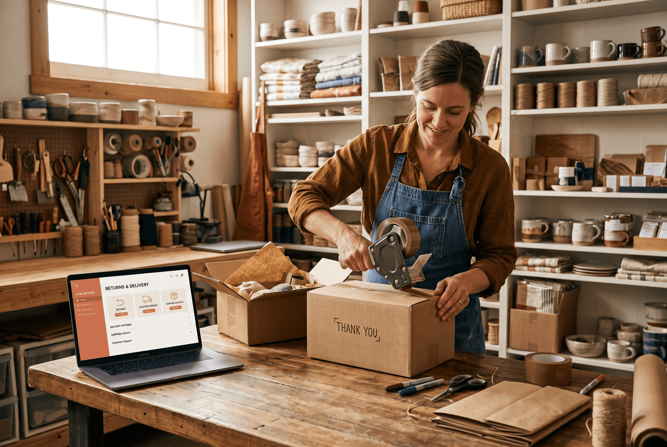 A Northeast Indiana maker packs online orders in a small workshop with a laptop open to shipping and return policy settings on the workbench