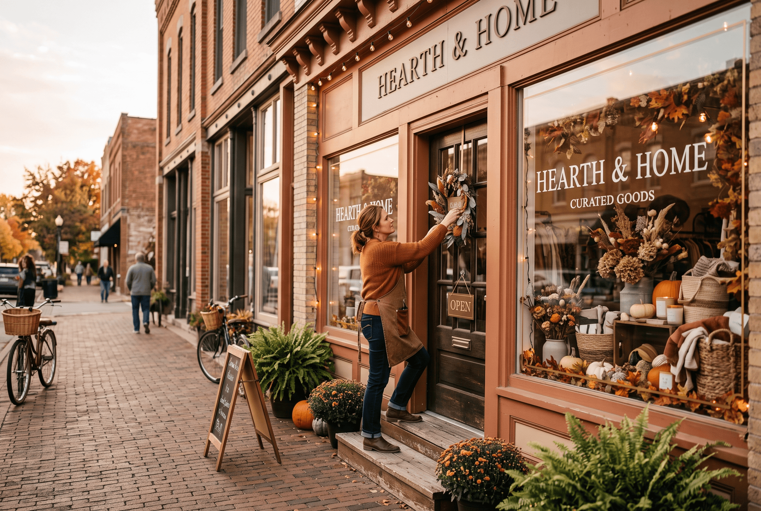 A warm daylight exterior of a downtown Fort Wayne boutique storefront with an open sign, inviting brick facade, and seasonal window display