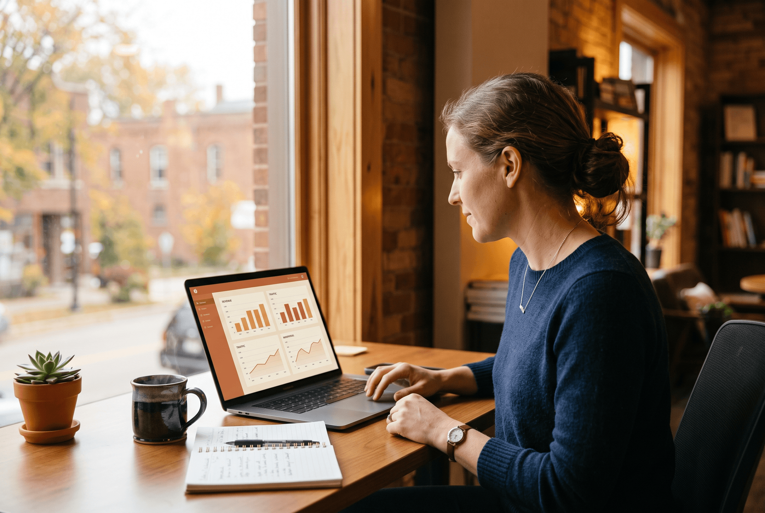 A small-business owner at a modest office desk reviews a website analytics dashboard on a laptop, with far more machine traffic than human visits on screen.