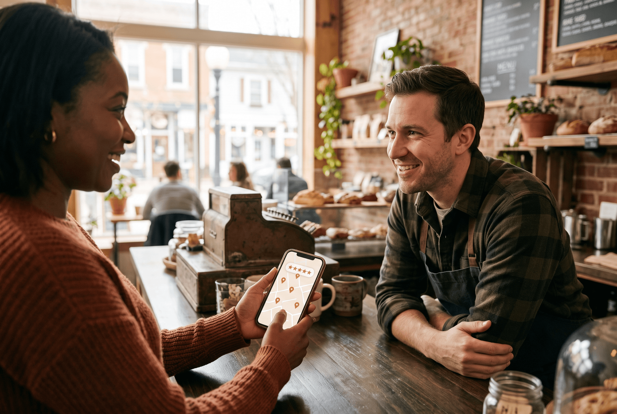 Two Fort Wayne small-business colleagues talk over a phone showing map pins and review stars while planning how to improve their AI search visibility.