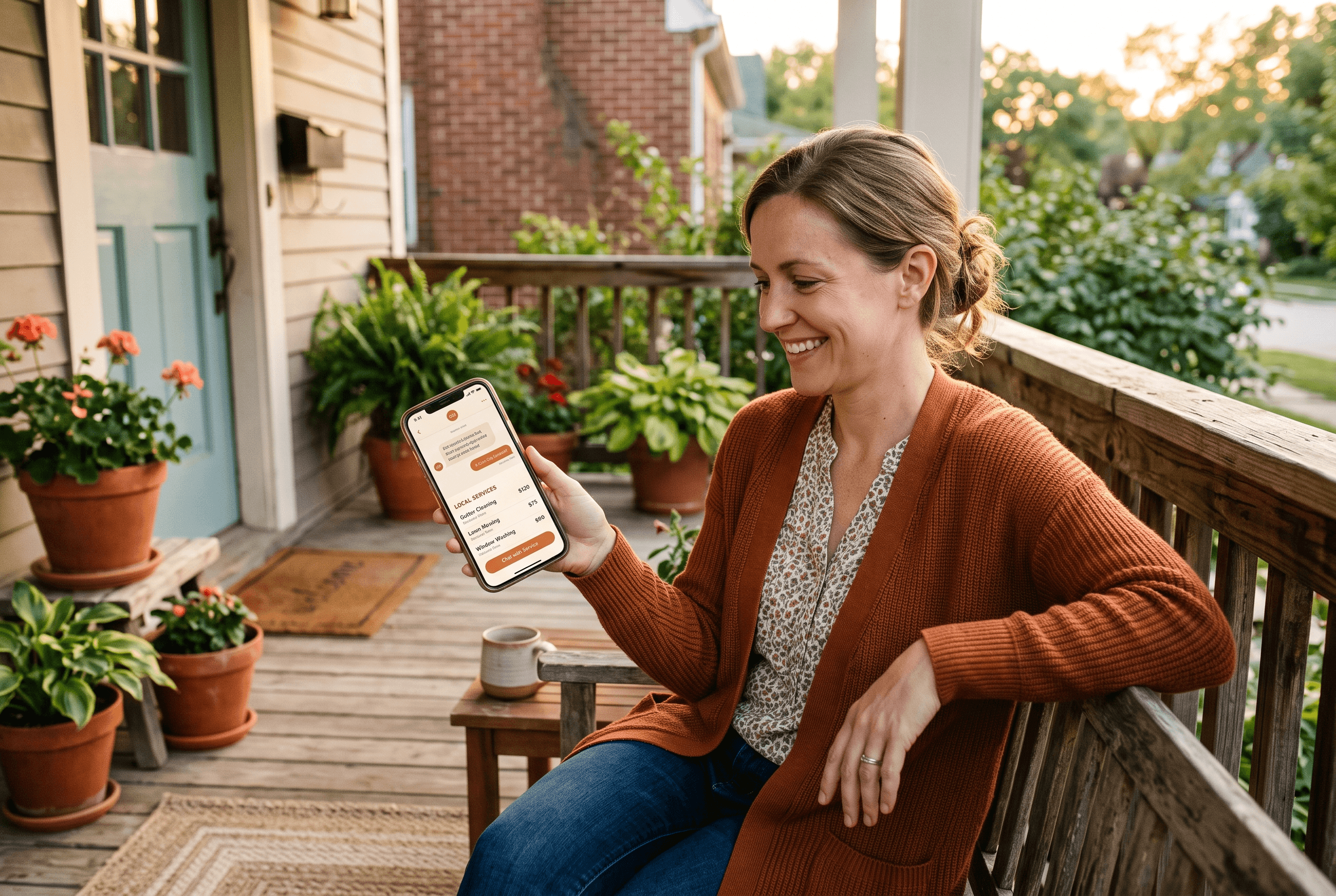 A homeowner on a front porch uses a phone AI assistant to find and book a local electrician, showing how customers now choose a Fort Wayne business.