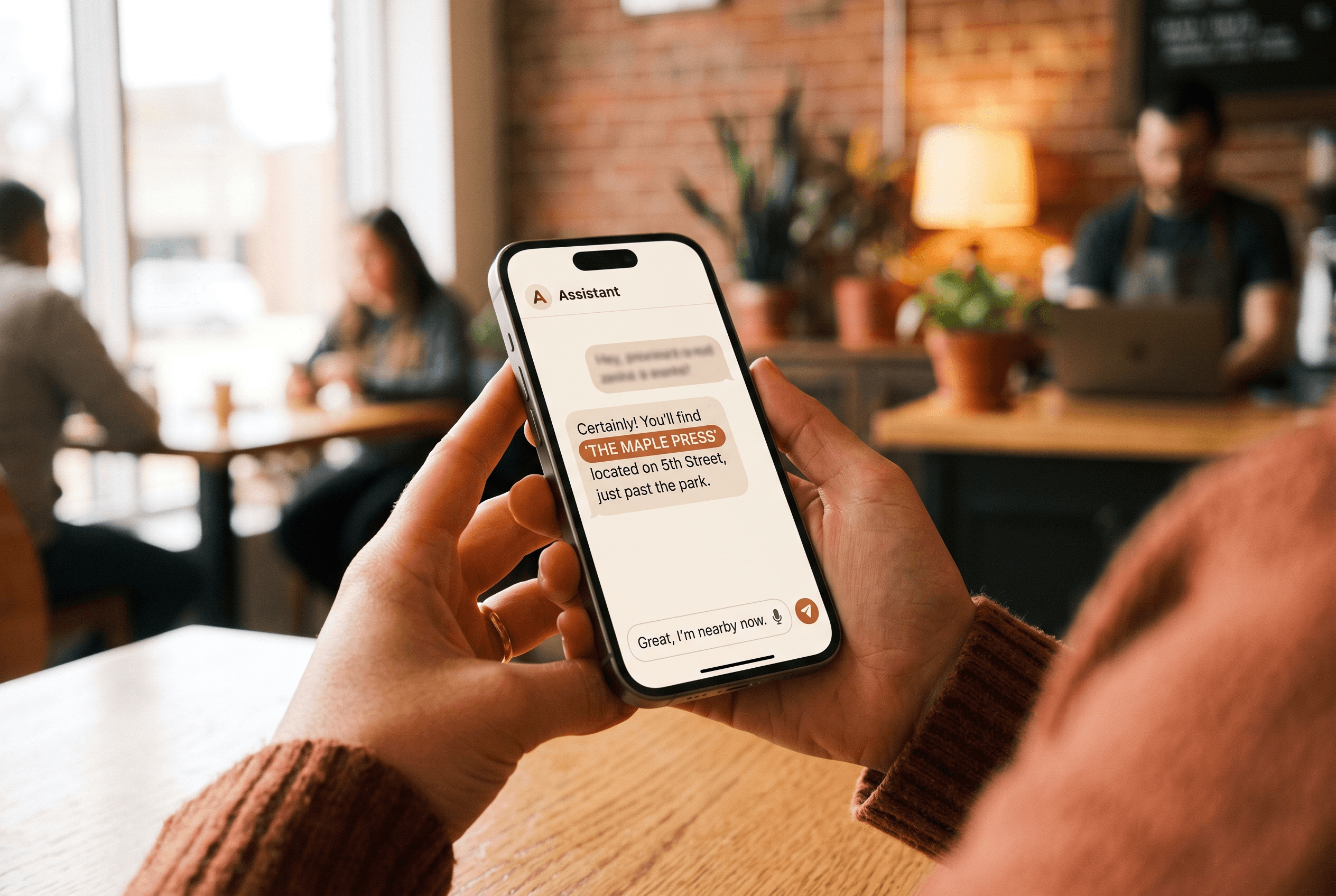 Close view of hands holding a phone showing an AI chat answer that names a local business, illustrating rising GEO demand data