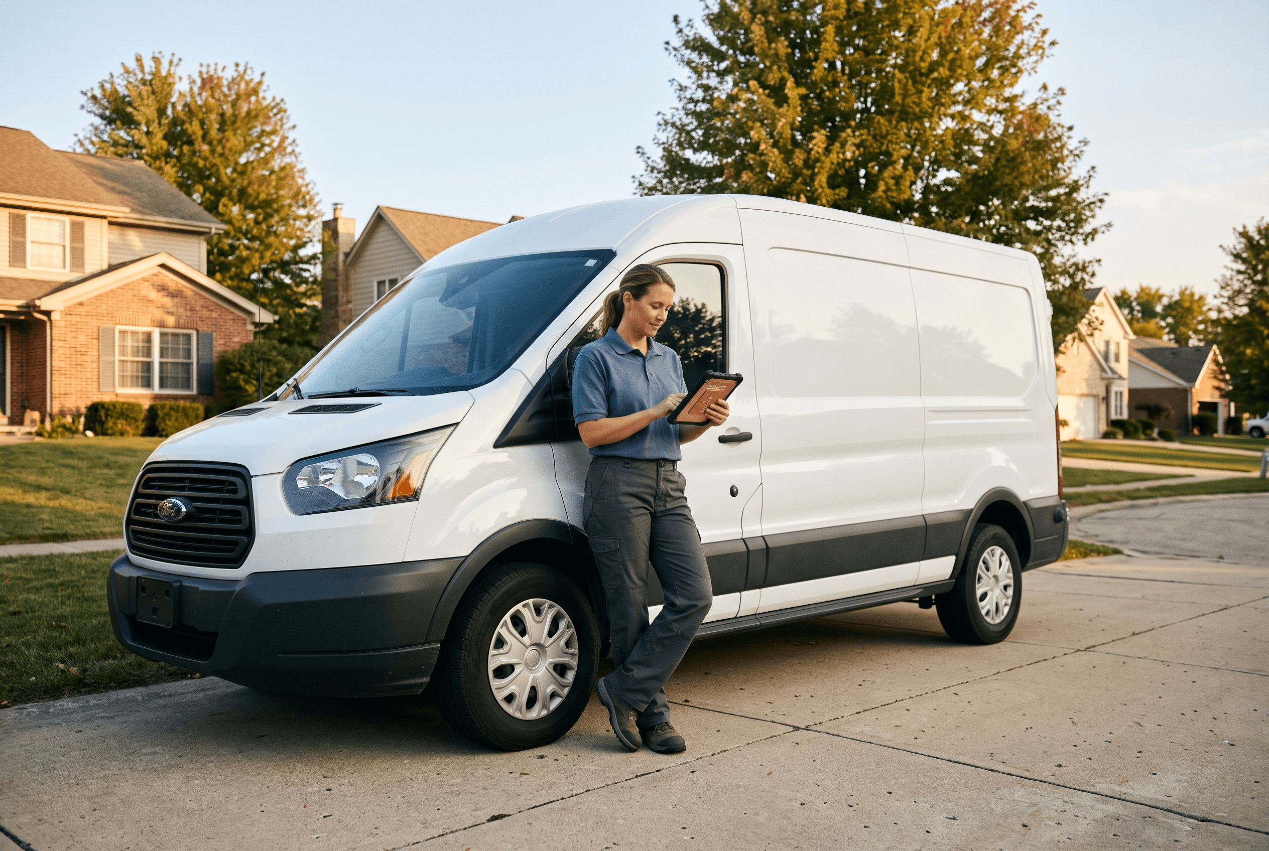 A service technician outside a work van checks a tablet showing a business profile and reviews, tying local SEO fundamentals to GEO