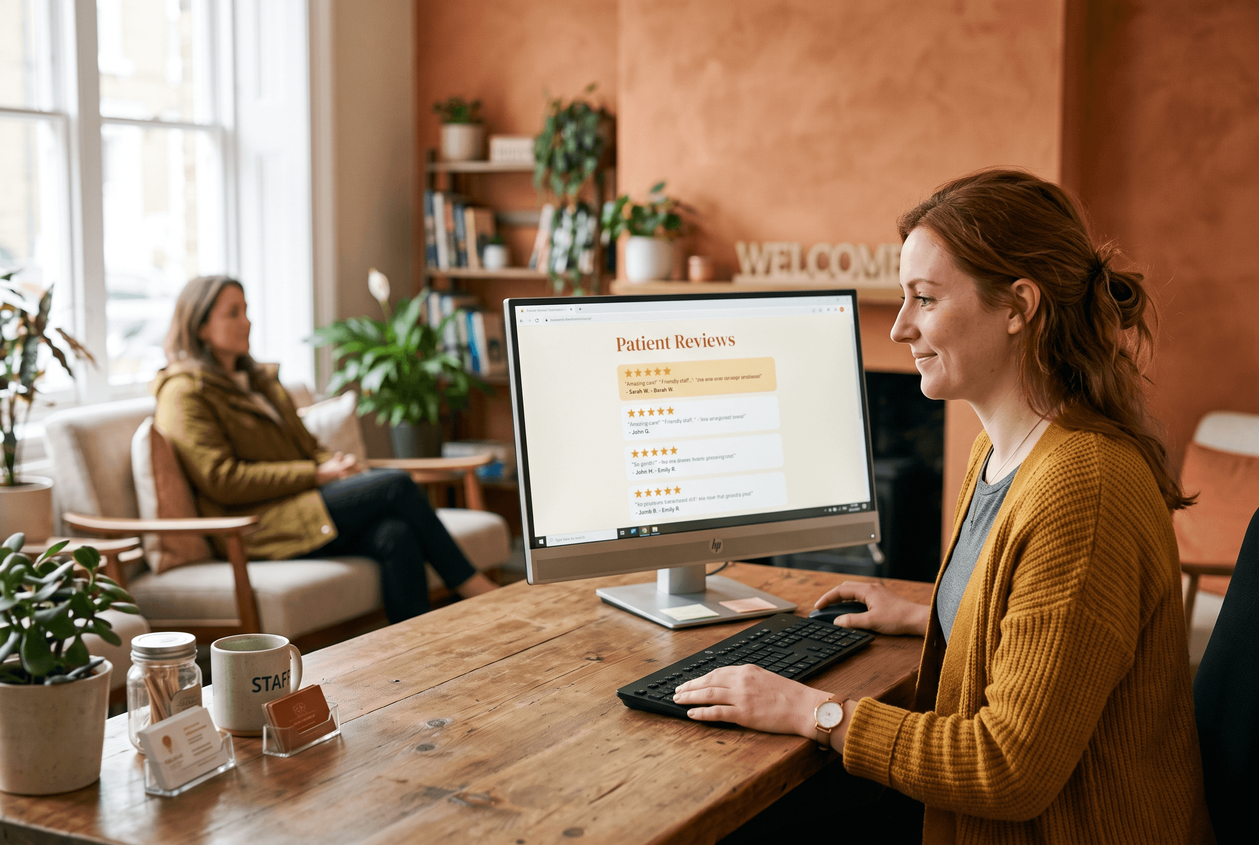 Front-desk staff at a Fort Wayne dental or restaurant counter reviewing customer reviews on a screen, part of an affordable GEO budget