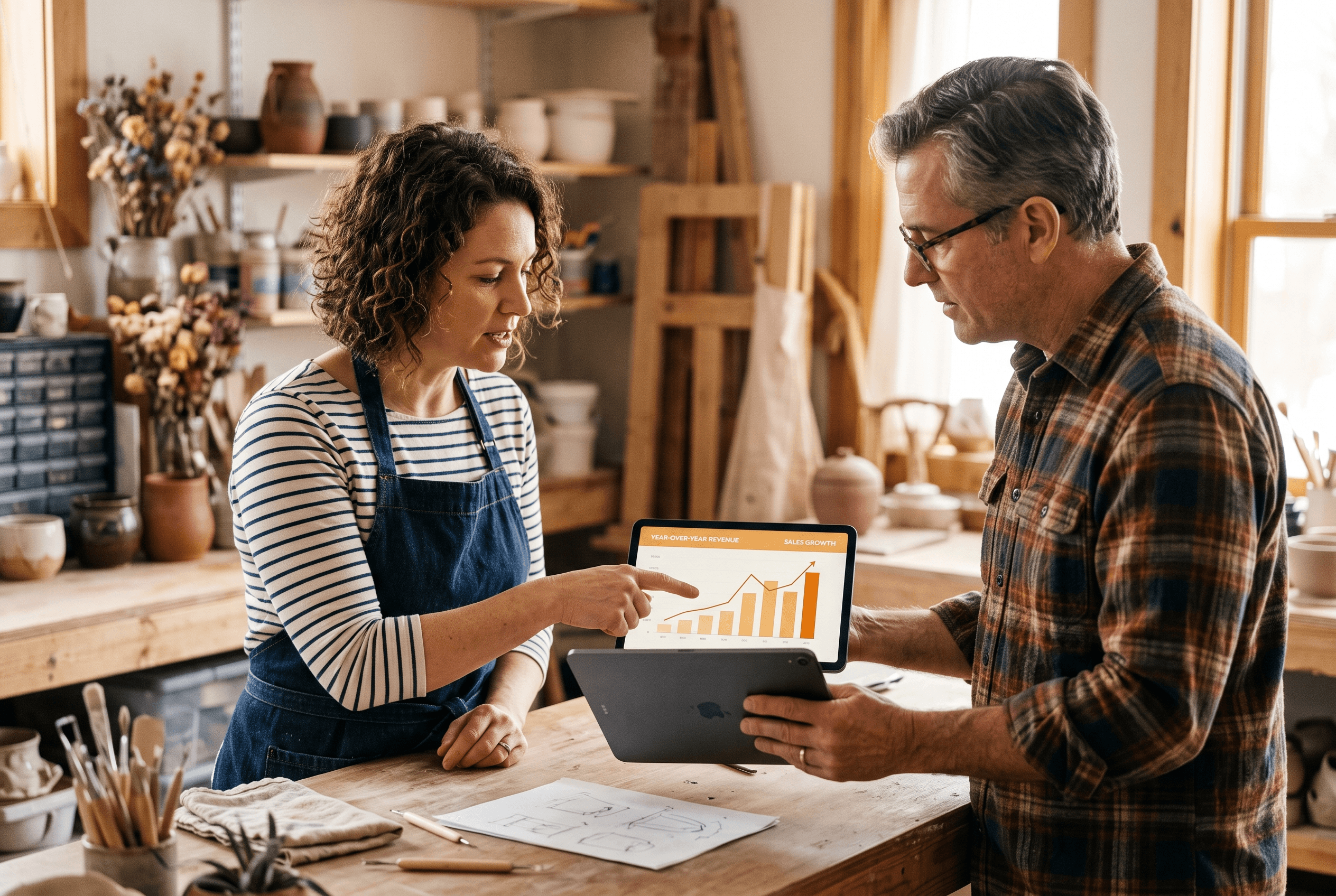 A Fort Wayne small-business owner and an advisor reviewing ad performance numbers together on a tablet at a workshop counter