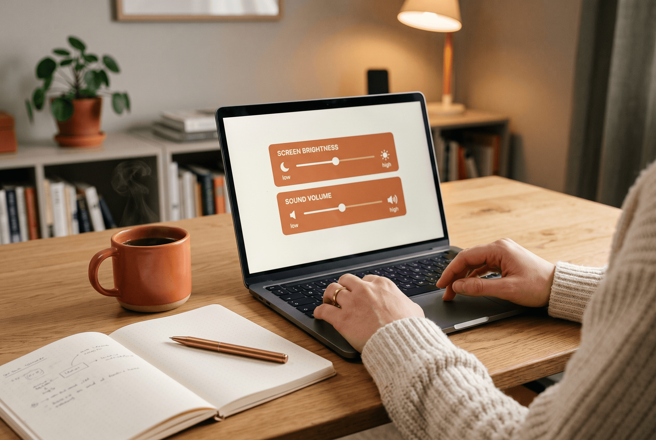 Close-up of hands at a laptop adjusting channel priority high and low toggles in an advertising settings screen with warm accent interface