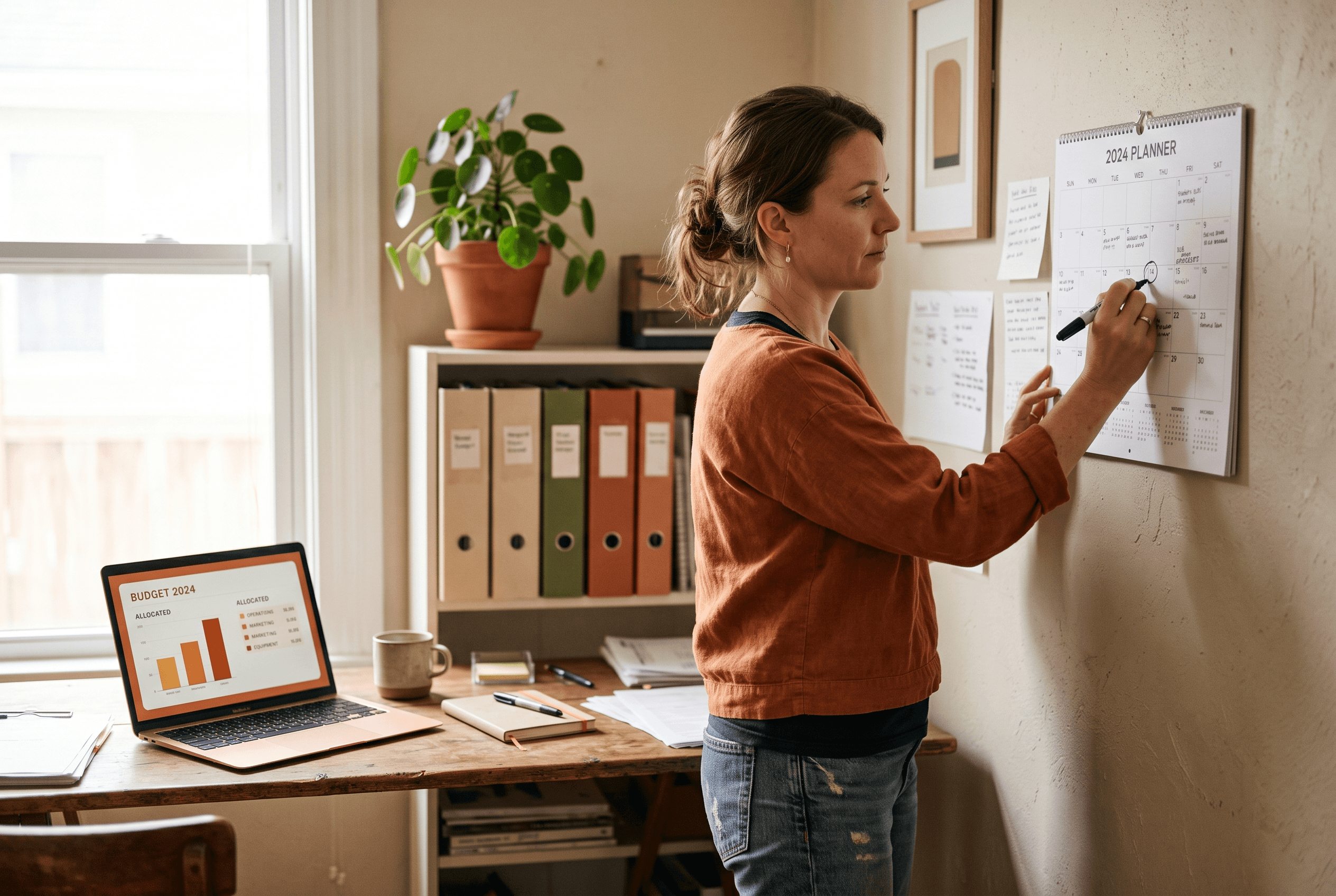 A business owner marks a February date on a wall calendar in a small office while a laptop shows an advertising budget allocation screen