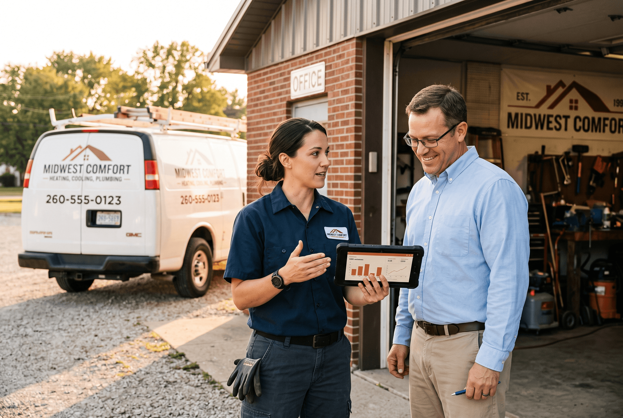A Fort Wayne HVAC technician and office staffer talk over a tablet showing lead and call results beside a service van outside a small shop