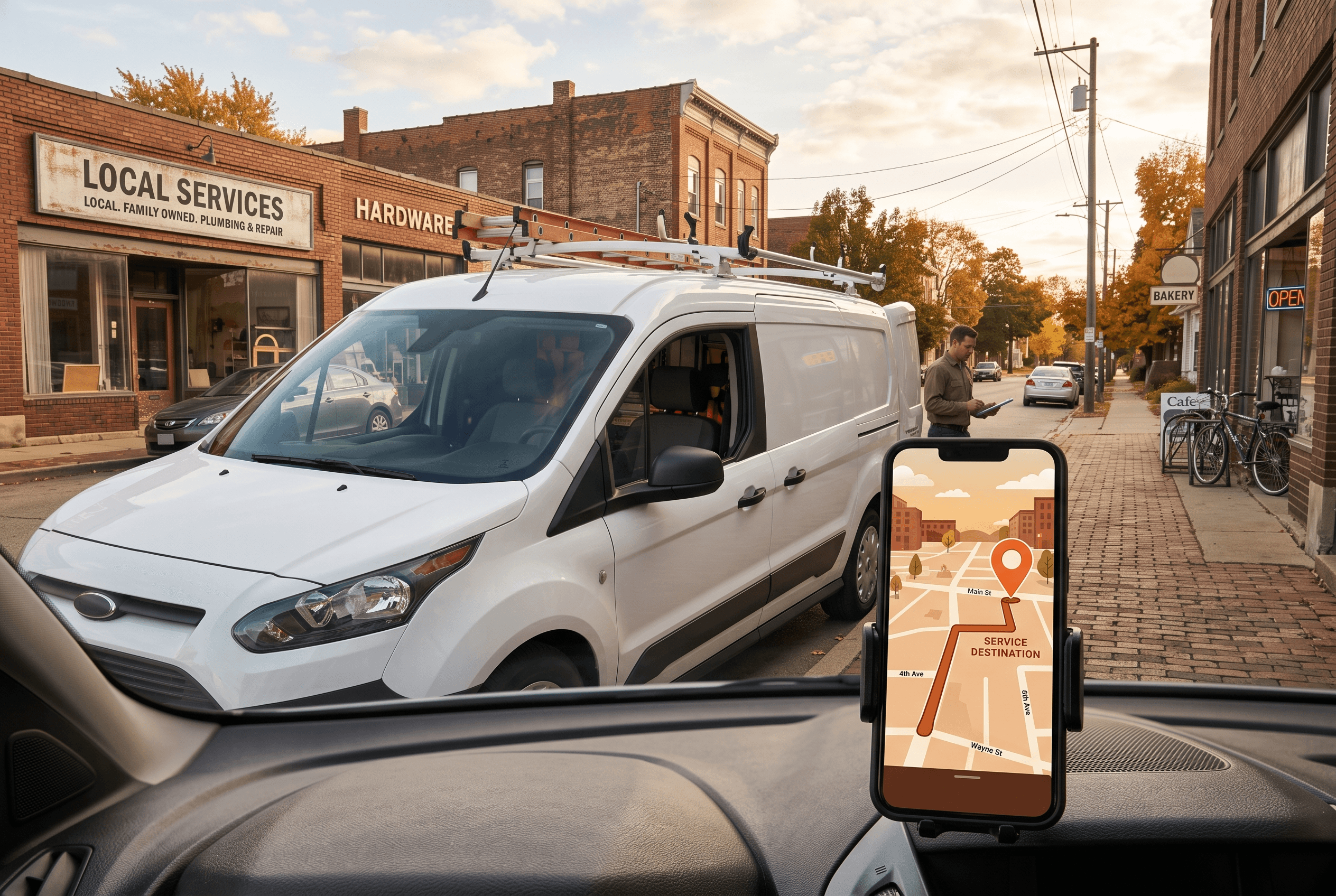 A service van parked outside a Northeast Indiana storefront while a phone on the dash shows a warm-toned navigation map guiding a nearby customer