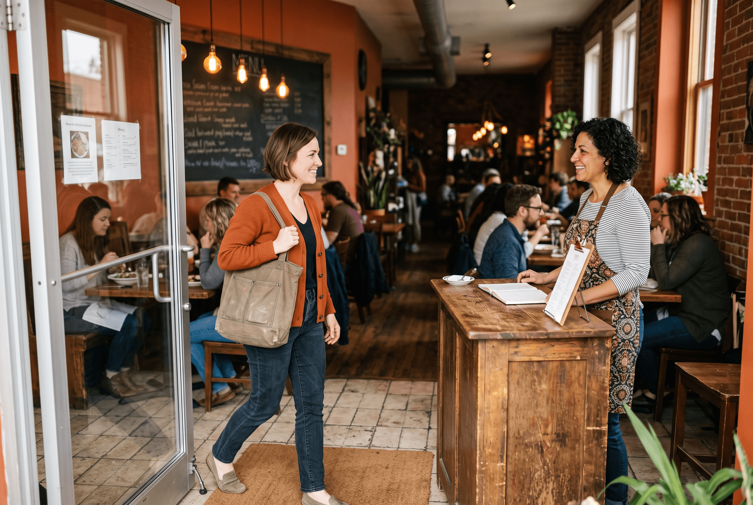 A customer walks into a warm Fort Wayne restaurant as front-desk staff greet them, showing the foot traffic local ad optimization is meant to drive