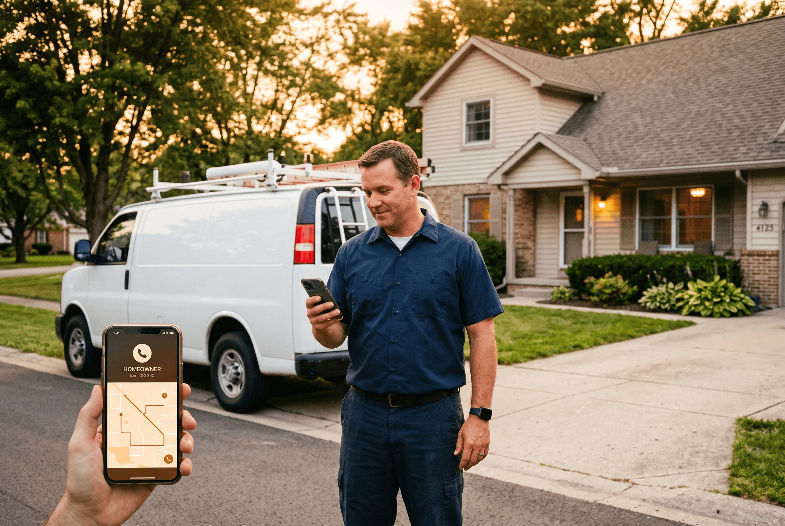 A home-services technician stands in an Allen County driveway checking a phone that shows an incoming customer call and a simple local map