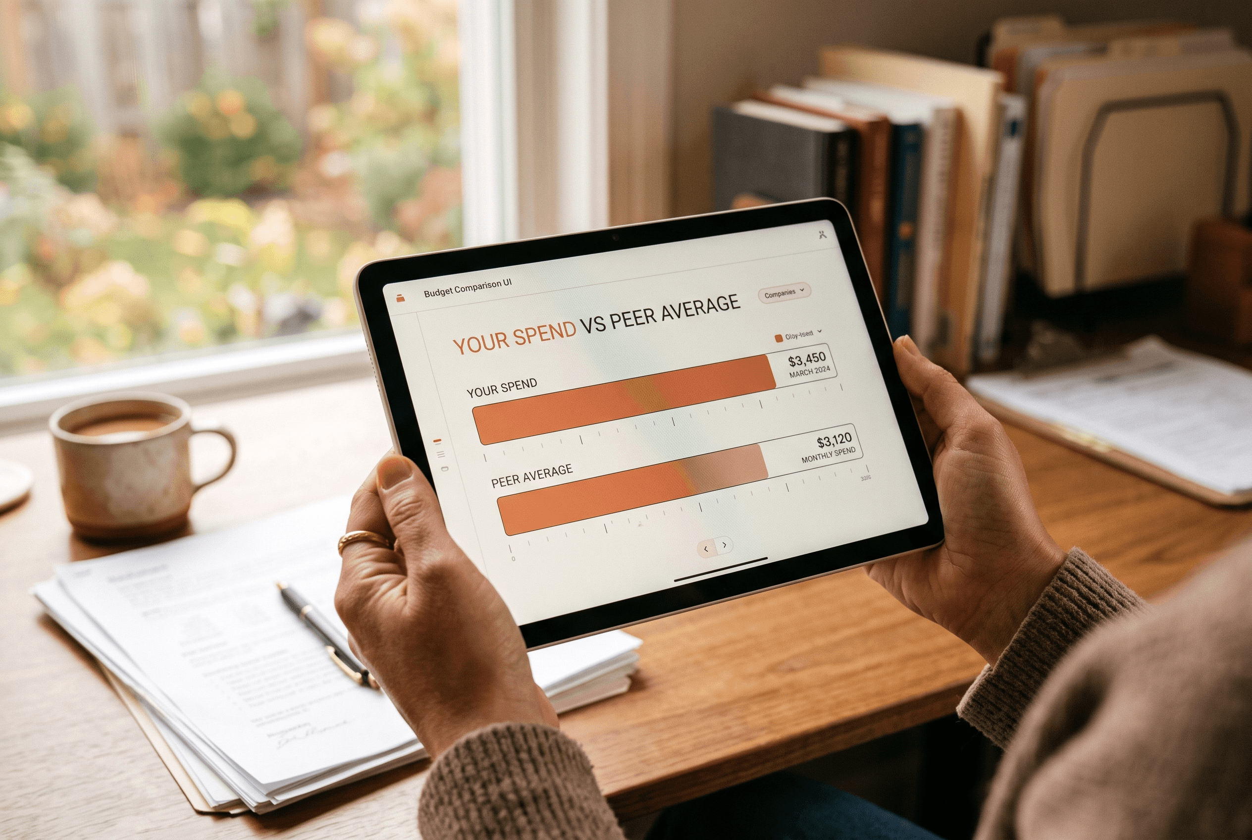 Close-up of hands holding a tablet displaying a peer comparison chart with warm-accented bars for weekly ad spend and clicks in a small office