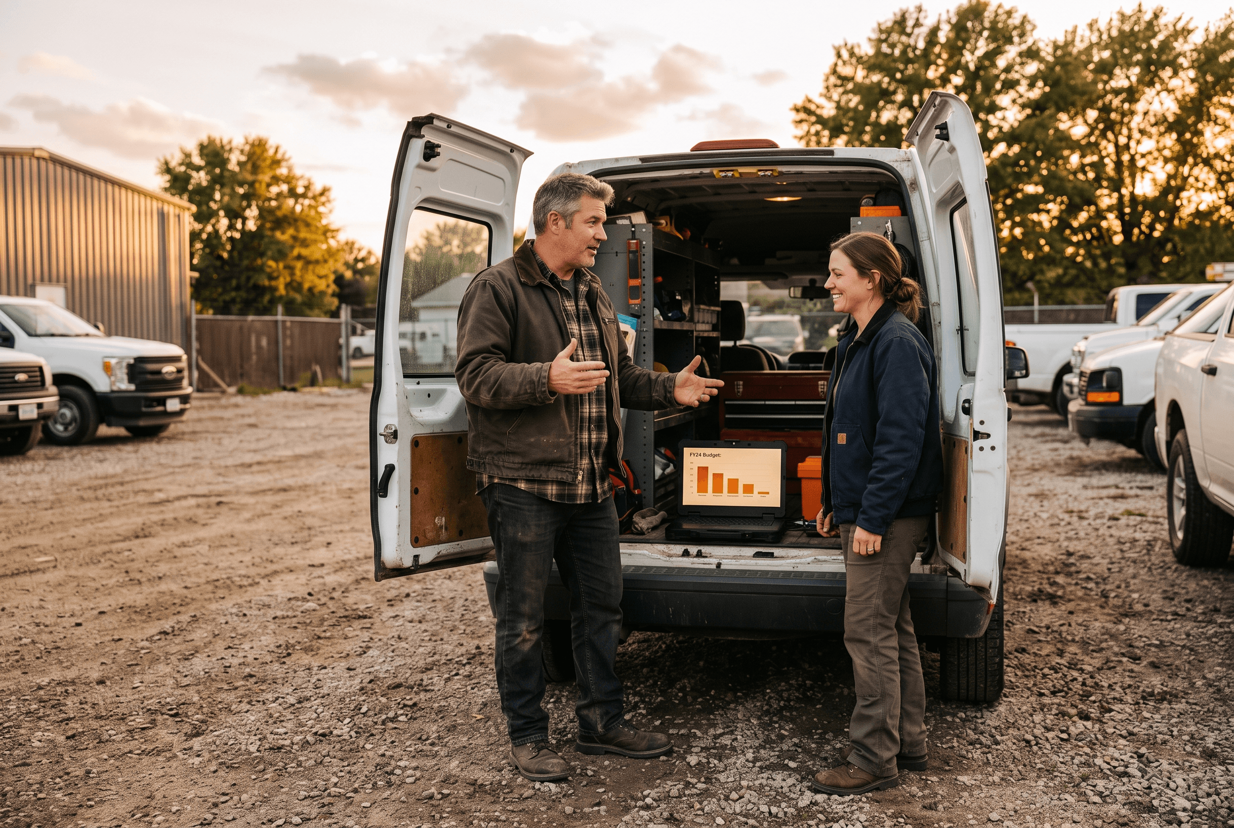 Two small-business coworkers talking over a laptop at a service-van tailgate, discussing whether their ad budget matches competitor benchmarks