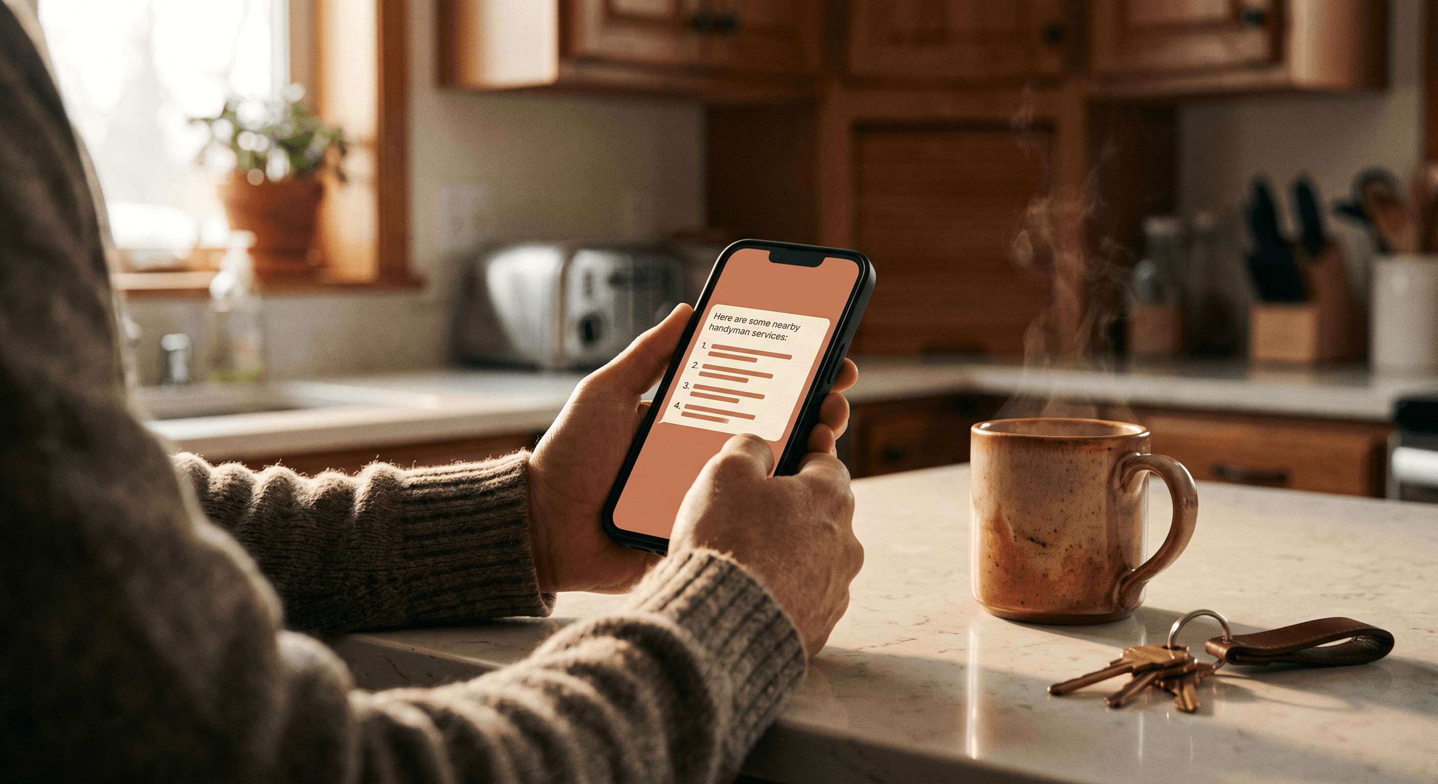 A Northeast Indiana homeowner in a bright kitchen reading a Google AI answer on a phone that lists top local HVAC companies from a best-of blog