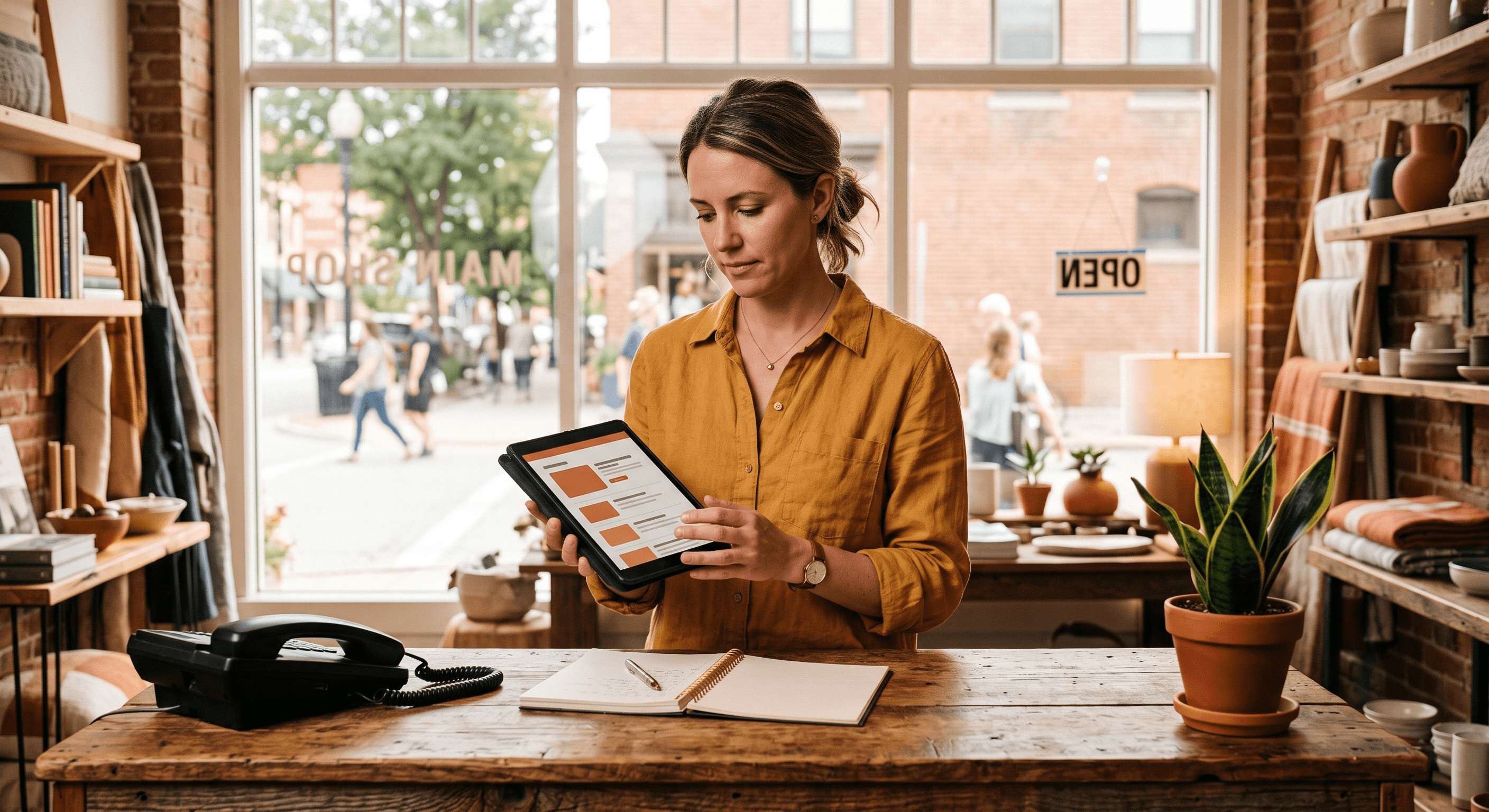 A local business owner at a front-desk counter checking directory listings and a best-of roundup on a tablet to earn a spot in AI answers