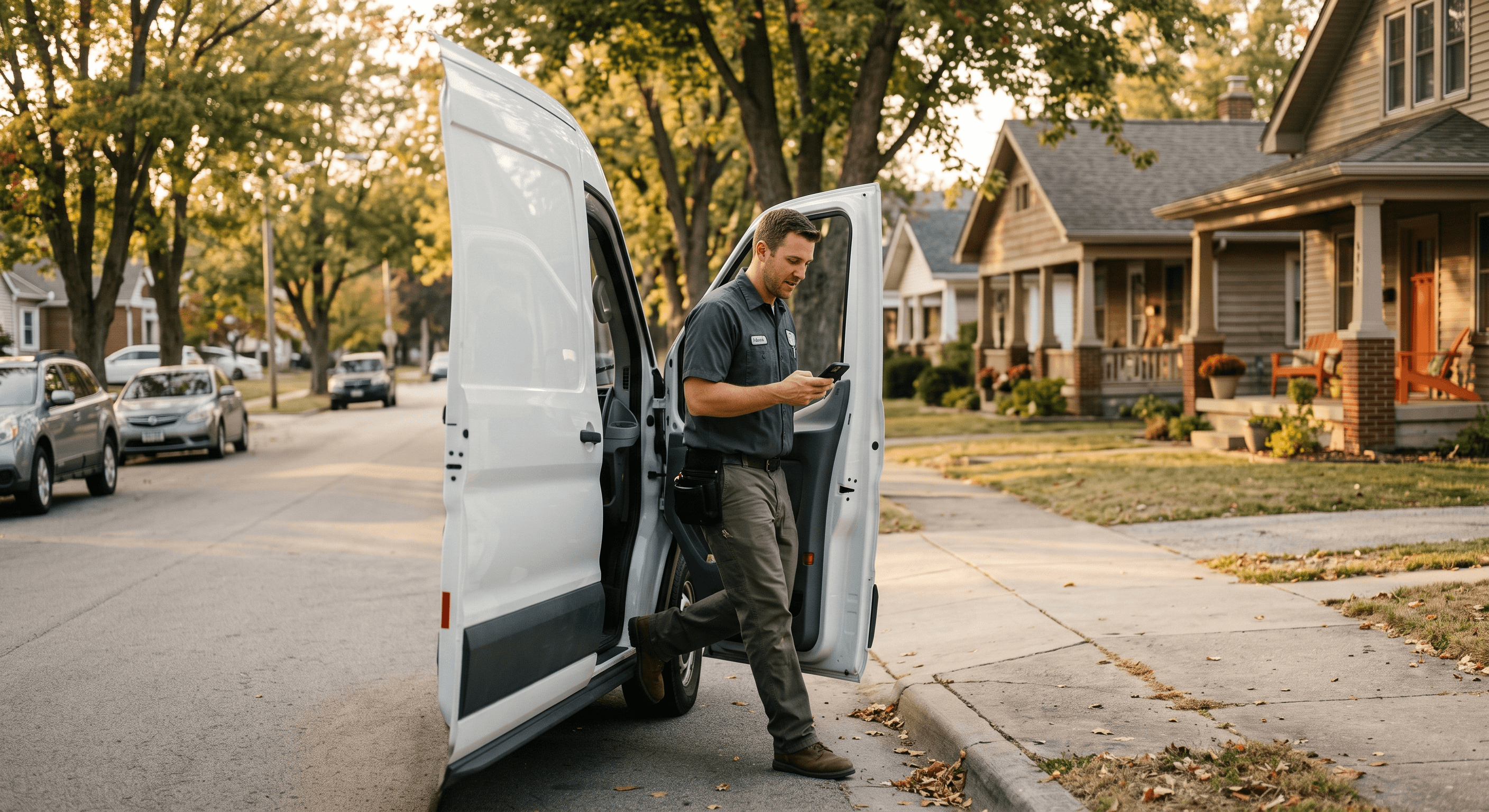 A service technician stepping out of a work van on a Fort Wayne neighborhood street, checking a new customer lead on a phone in warm daylight