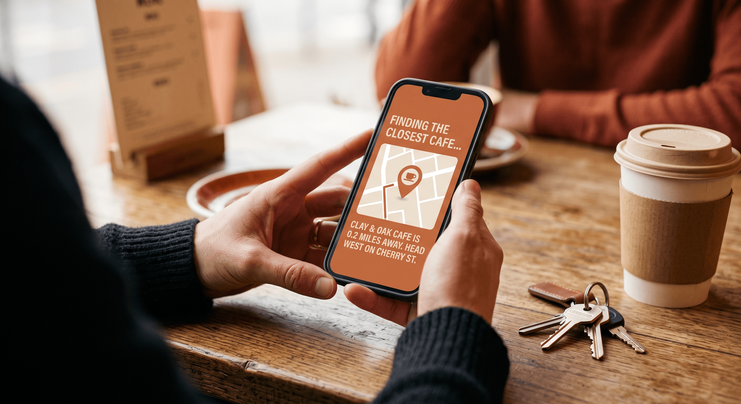 Close view of hands holding a phone that shows an AI-generated map answer with a location pin in warm accented interface