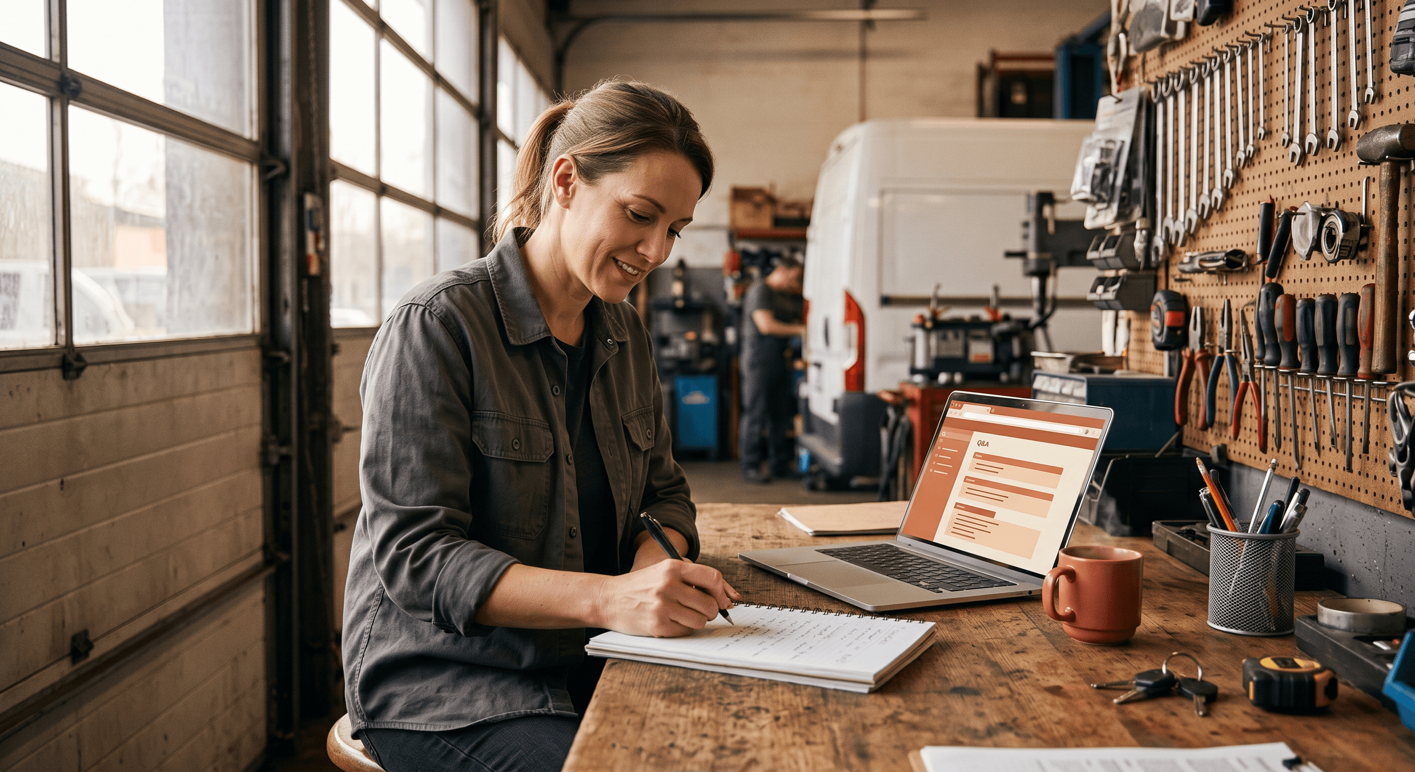 A home-services business owner at a workshop desk drafting customer questions and answers on a laptop and notepad in warm daylight