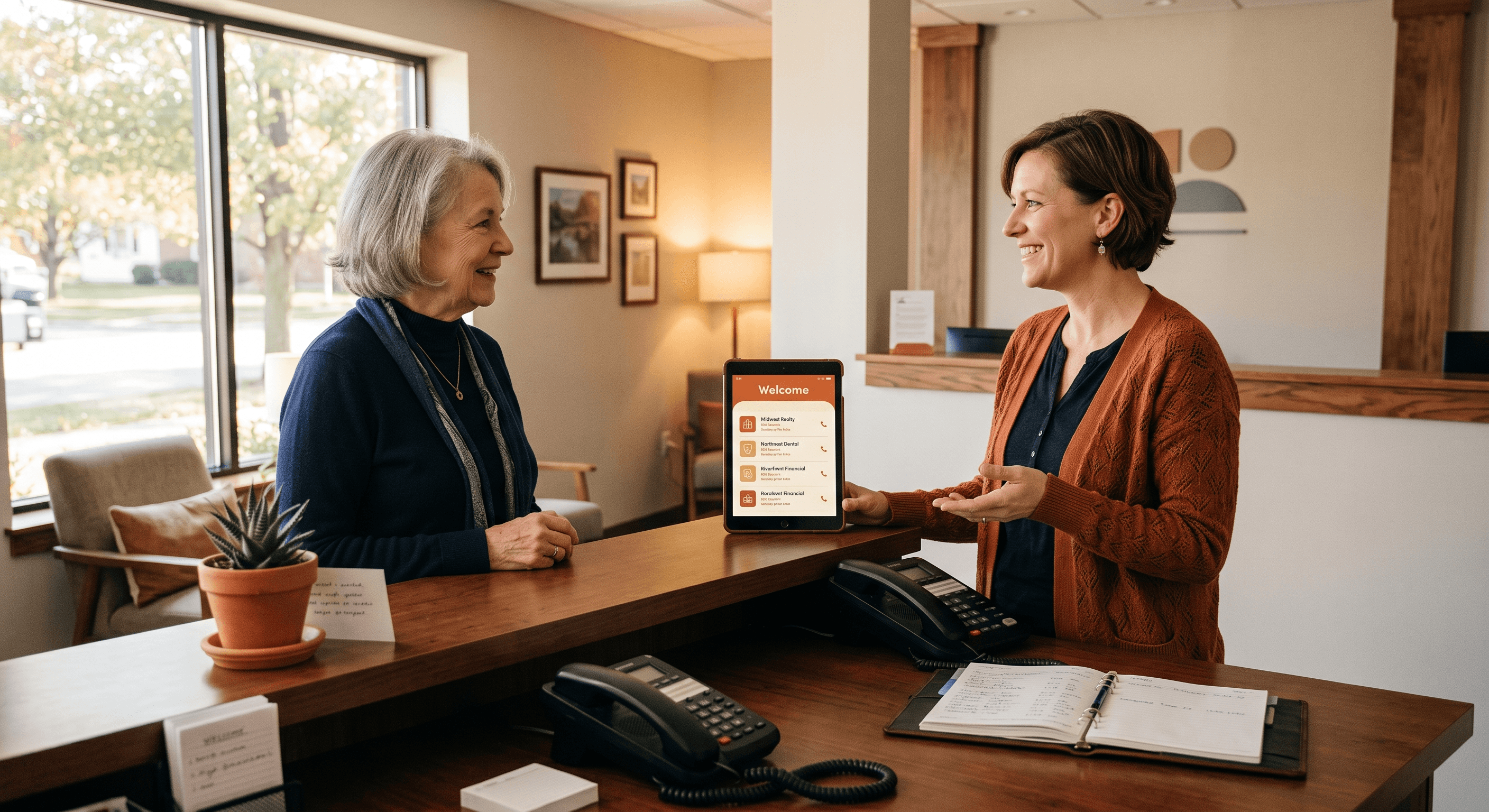 Front-desk staff at a Northeast Indiana dental office greeting a customer at the counter with a tablet showing the business listing