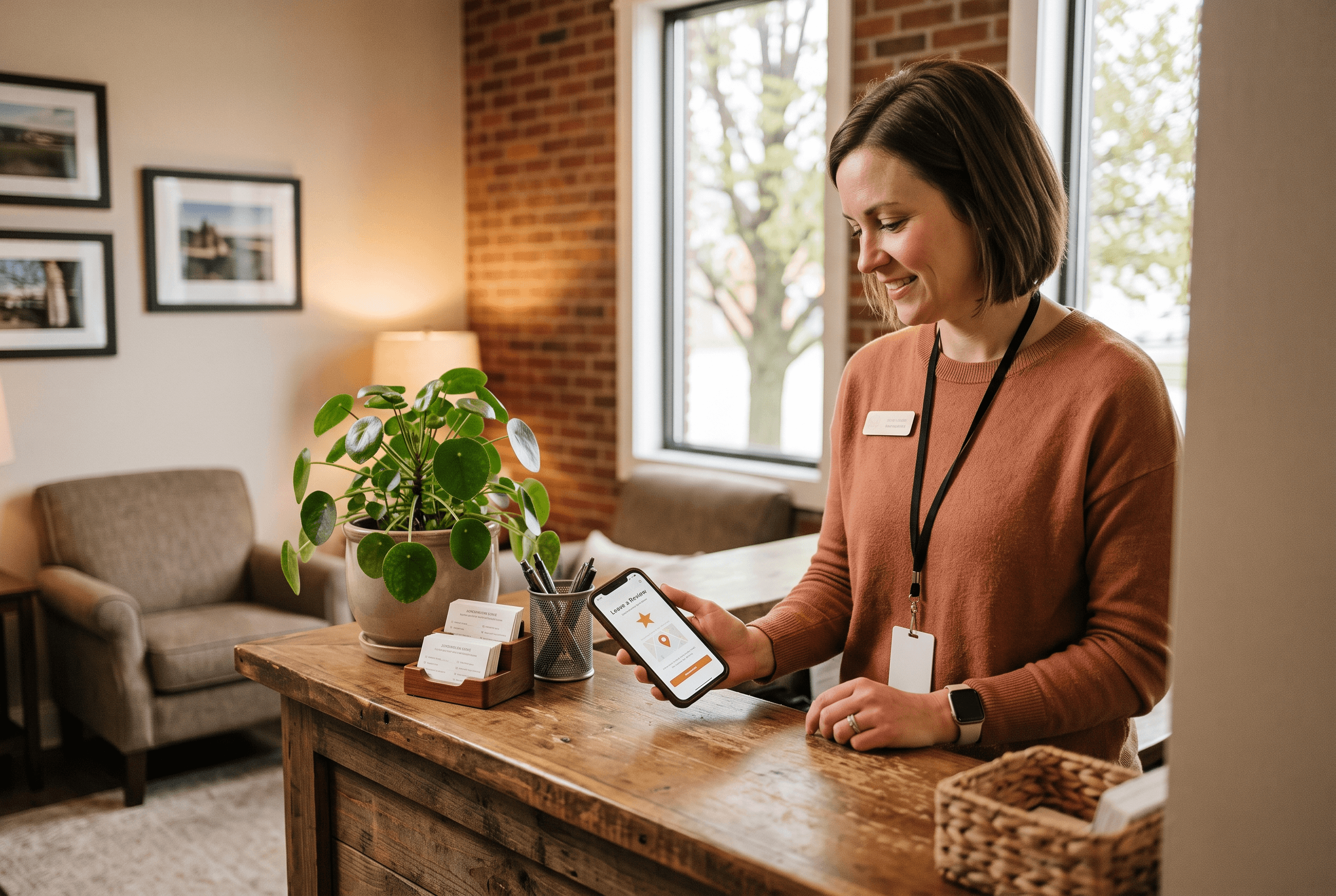 Dental office front-desk staff member holding a phone showing a neutral Google review link, warm daylight in a modest Fort Wayne reception area