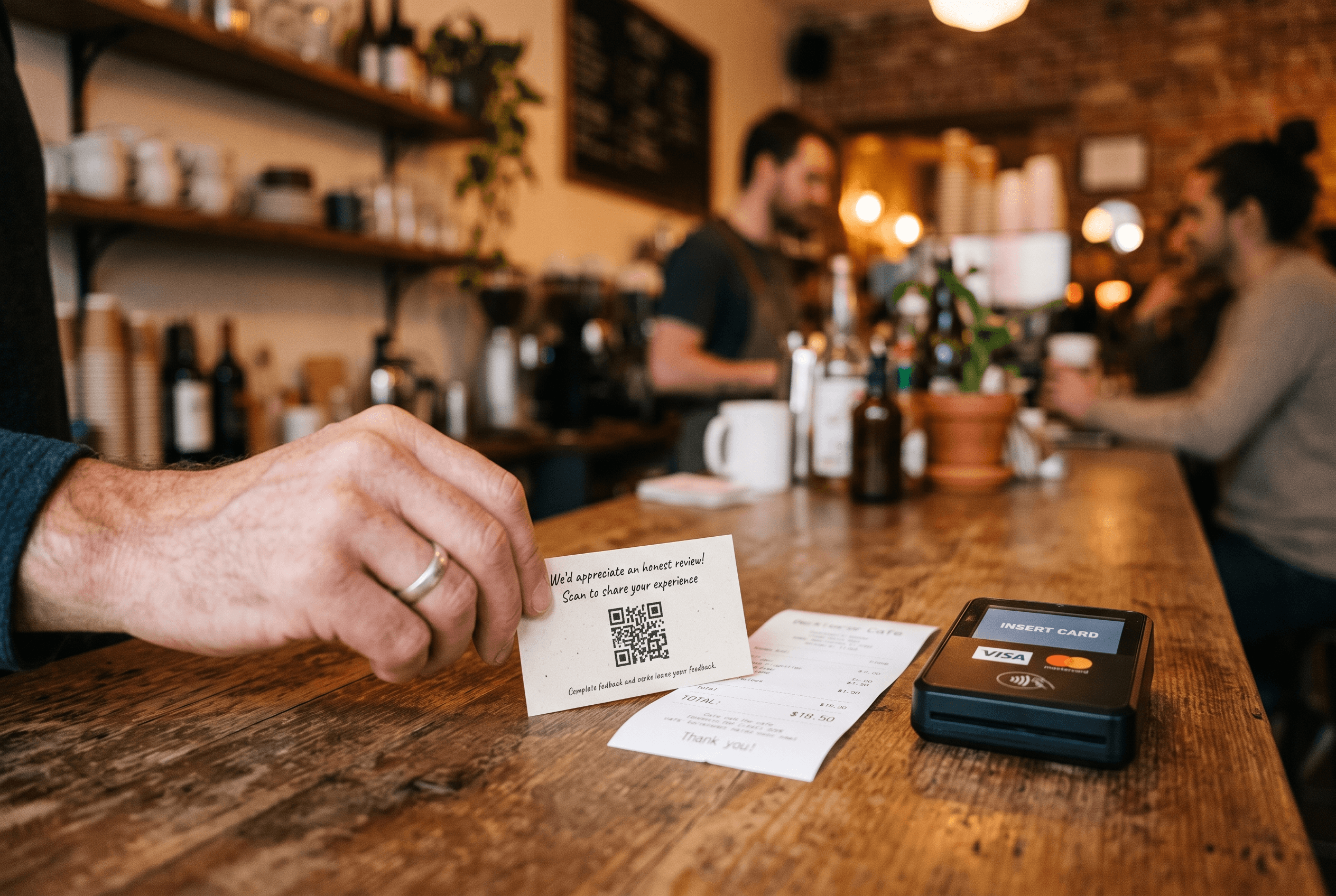 Hands placing a QR-code review card on a restaurant counter beside a receipt, warm terracotta light showing a compliant way to ask for reviews