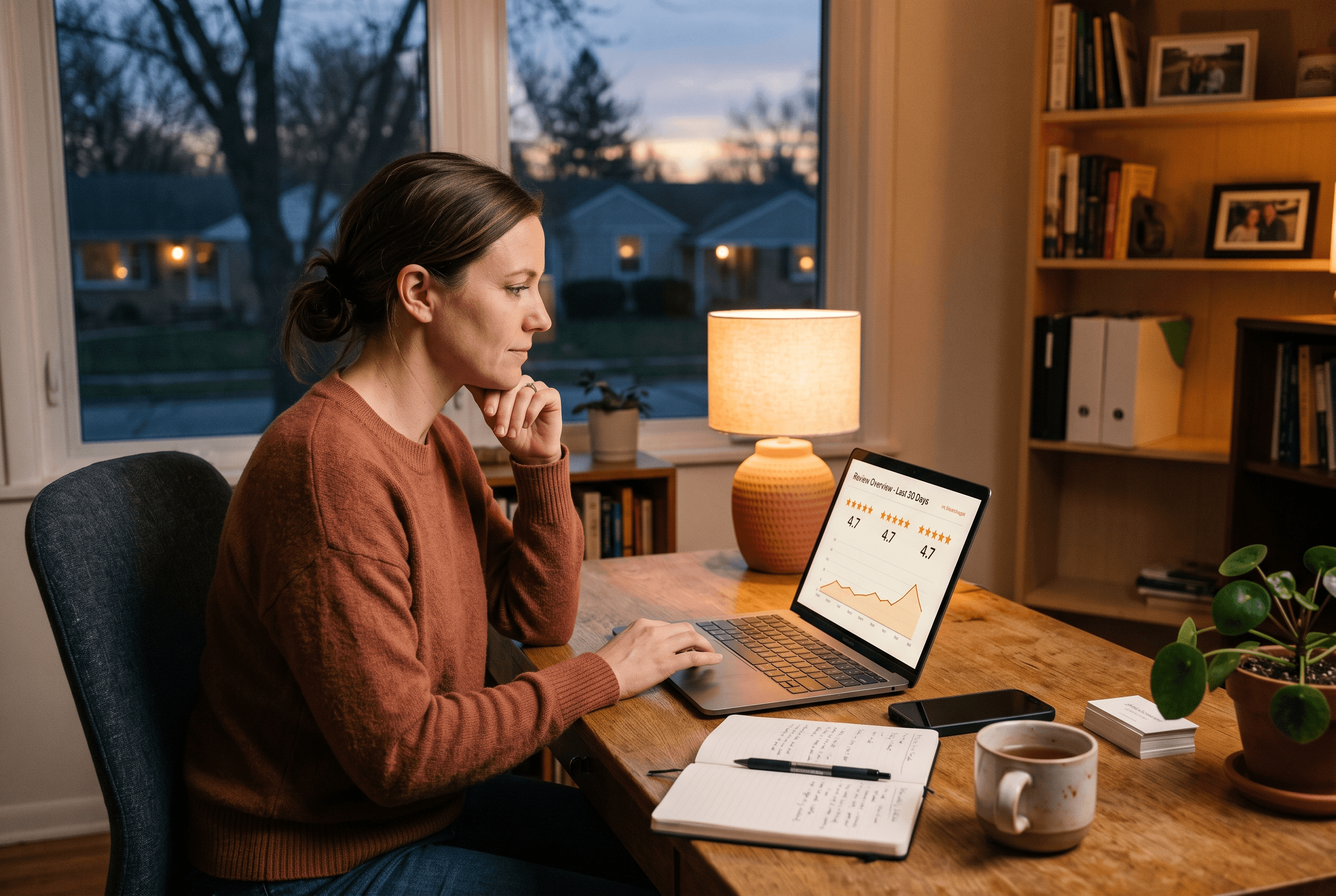 Small business owner at a laptop reviewing a Google Business Profile reviews dashboard with star ratings, warm evening light in a modest office