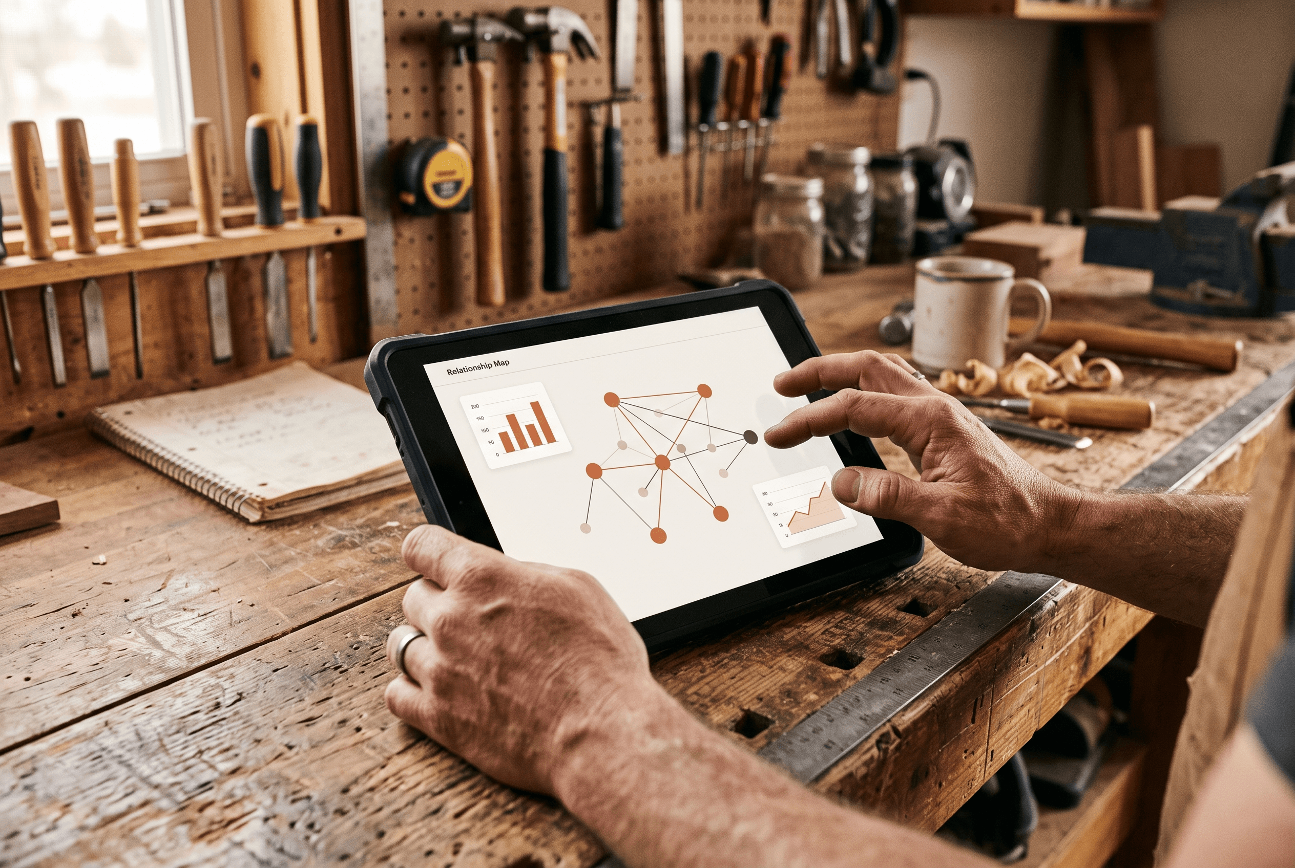 Close-up of hands holding a tablet on a workbench showing a warm-toned network map dashboard, illustrating how the SAFE spam detector maps connections