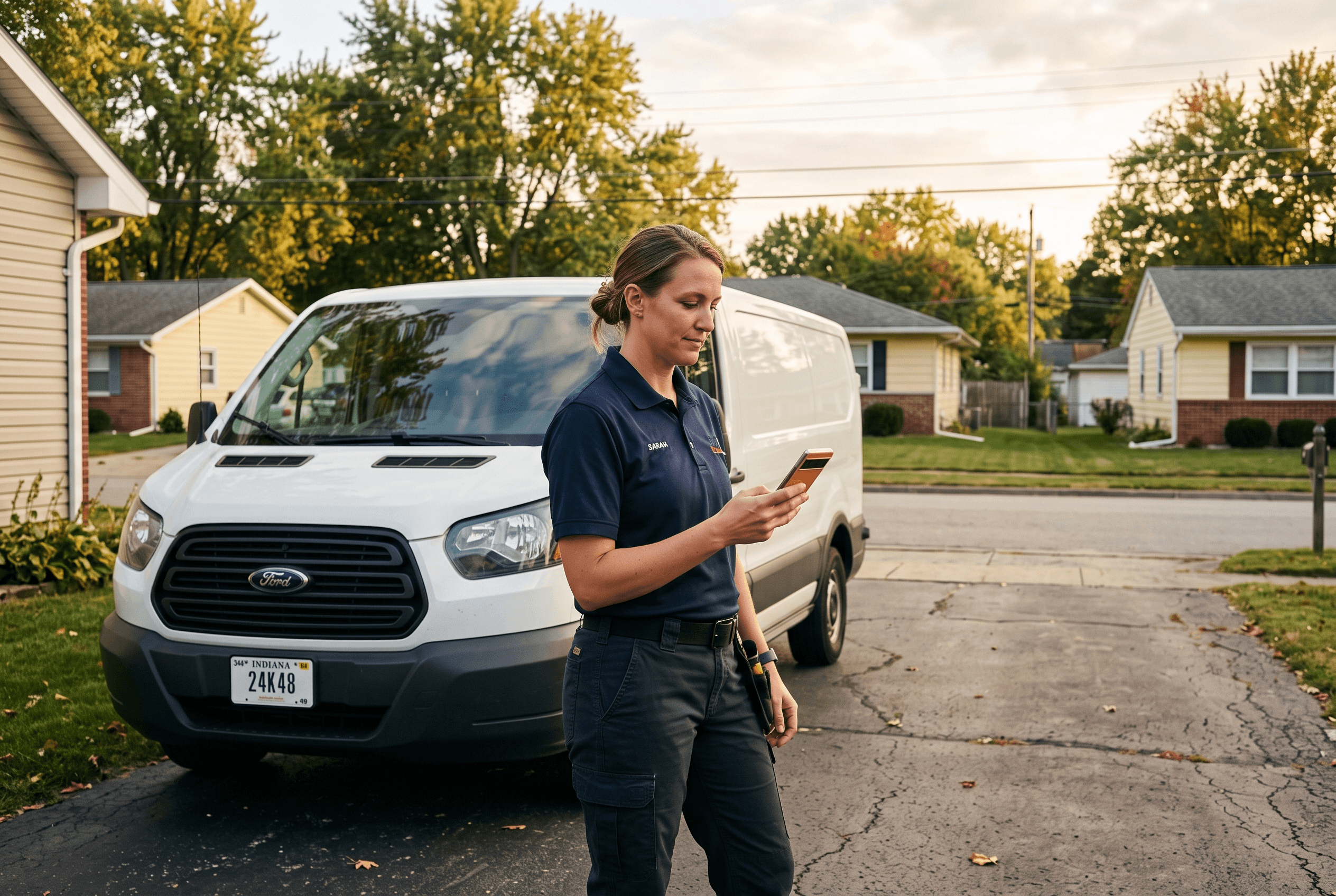 A service technician beside a work van in a Fort Wayne driveway checking a phone showing a simple rankings and analytics screen during the spam update