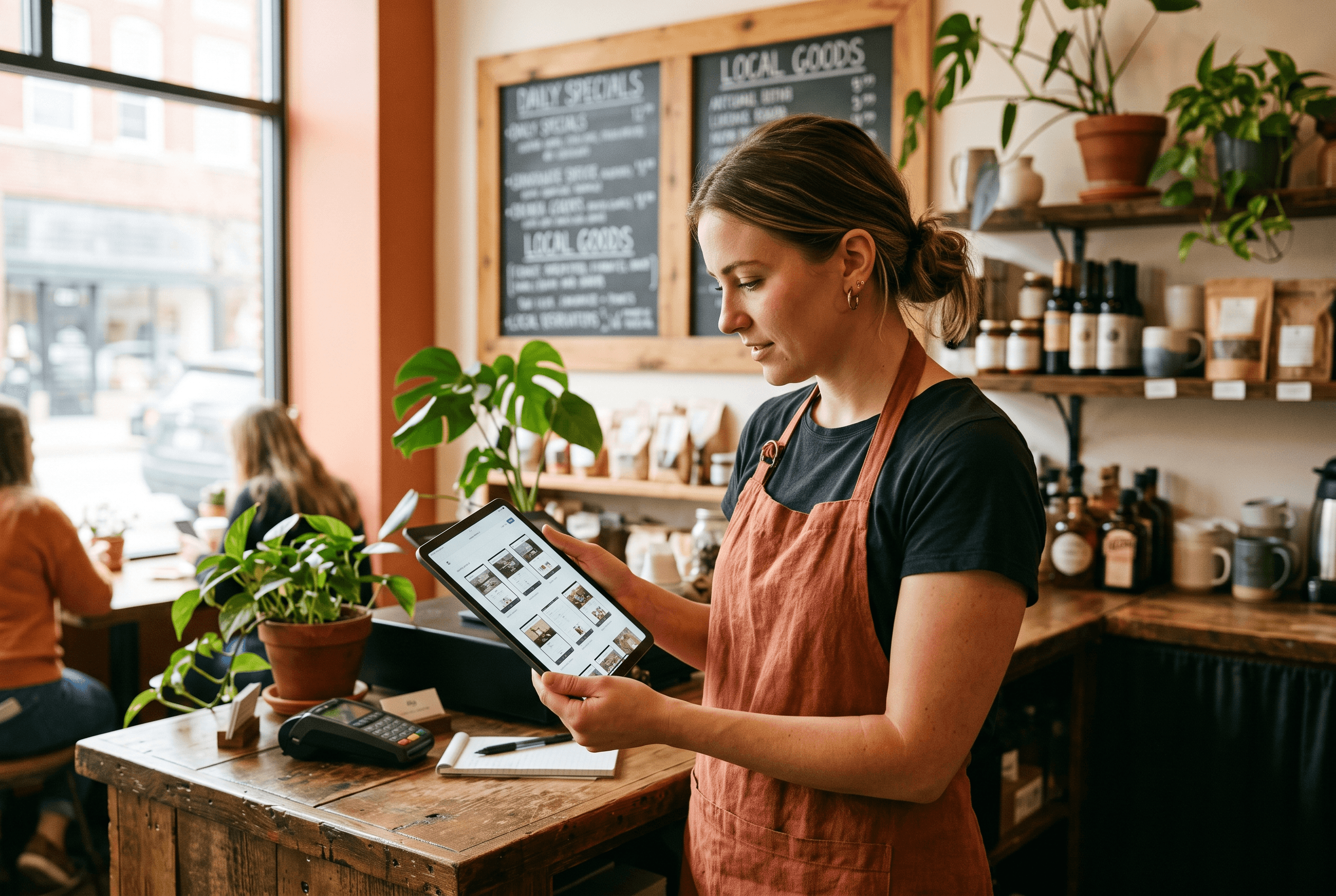 Front-desk staff at a Fort Wayne restaurant counter reviewing website content pages on a tablet during a content audit, in warm interior light