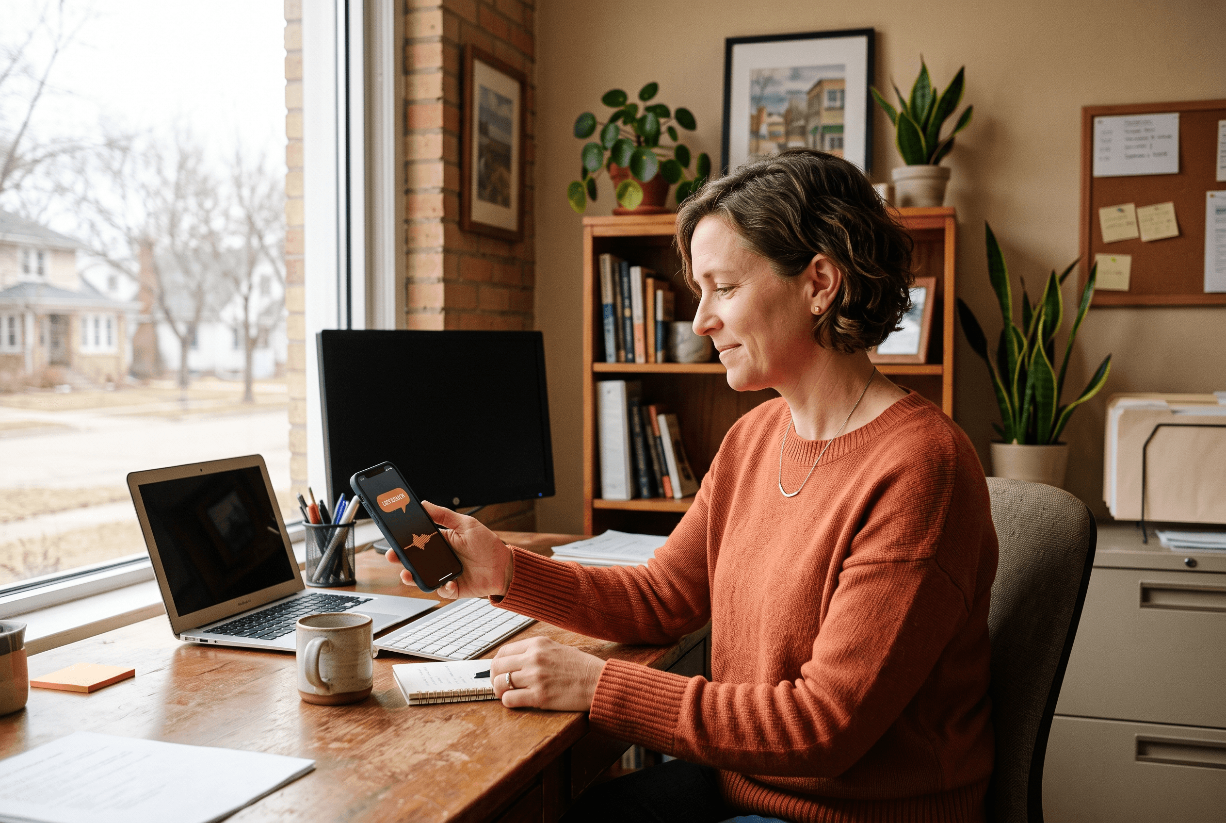 A small business owner in a modest Fort Wayne office looking at a phone screen showing a spoken Google Search Live answer with warm-toned interface