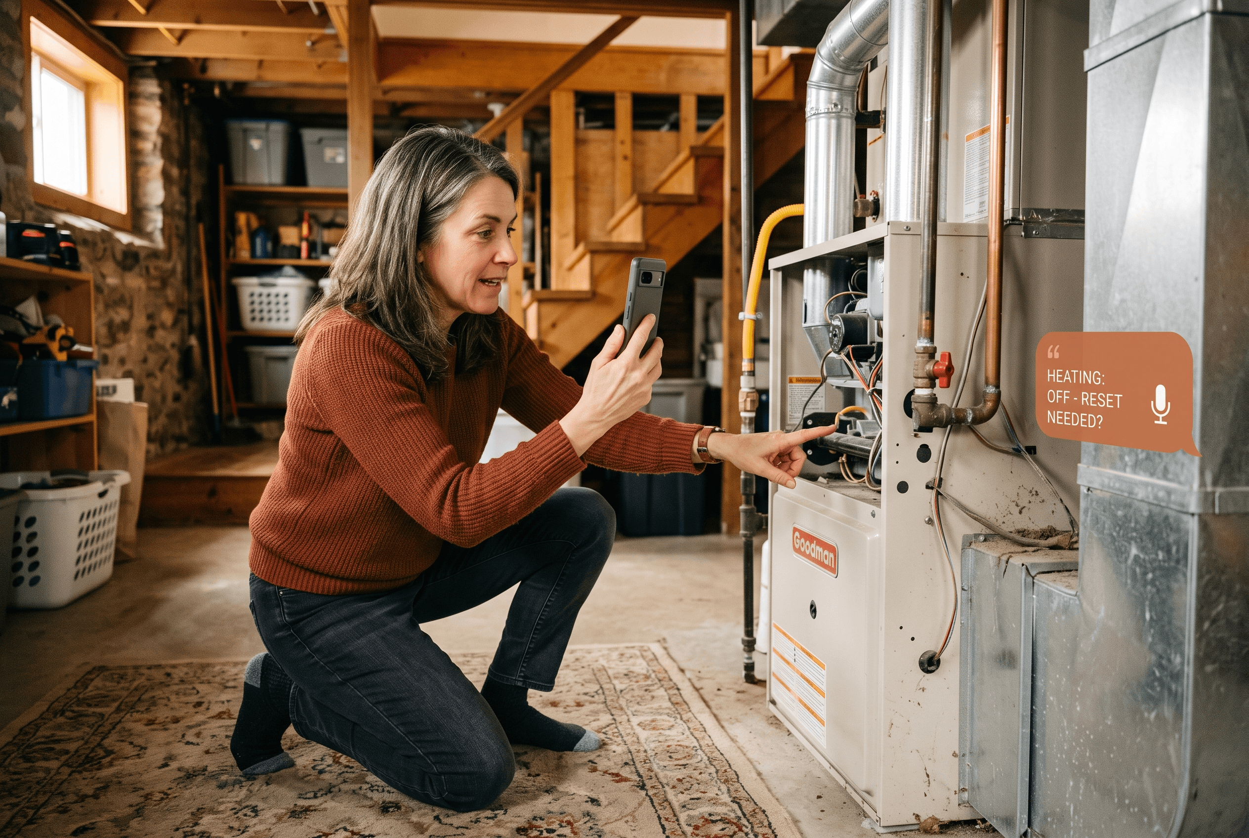 A homeowner kneeling by a furnace pointing a phone camera at the unit to ask Google Search Live a voice question in a Northeast Indiana home