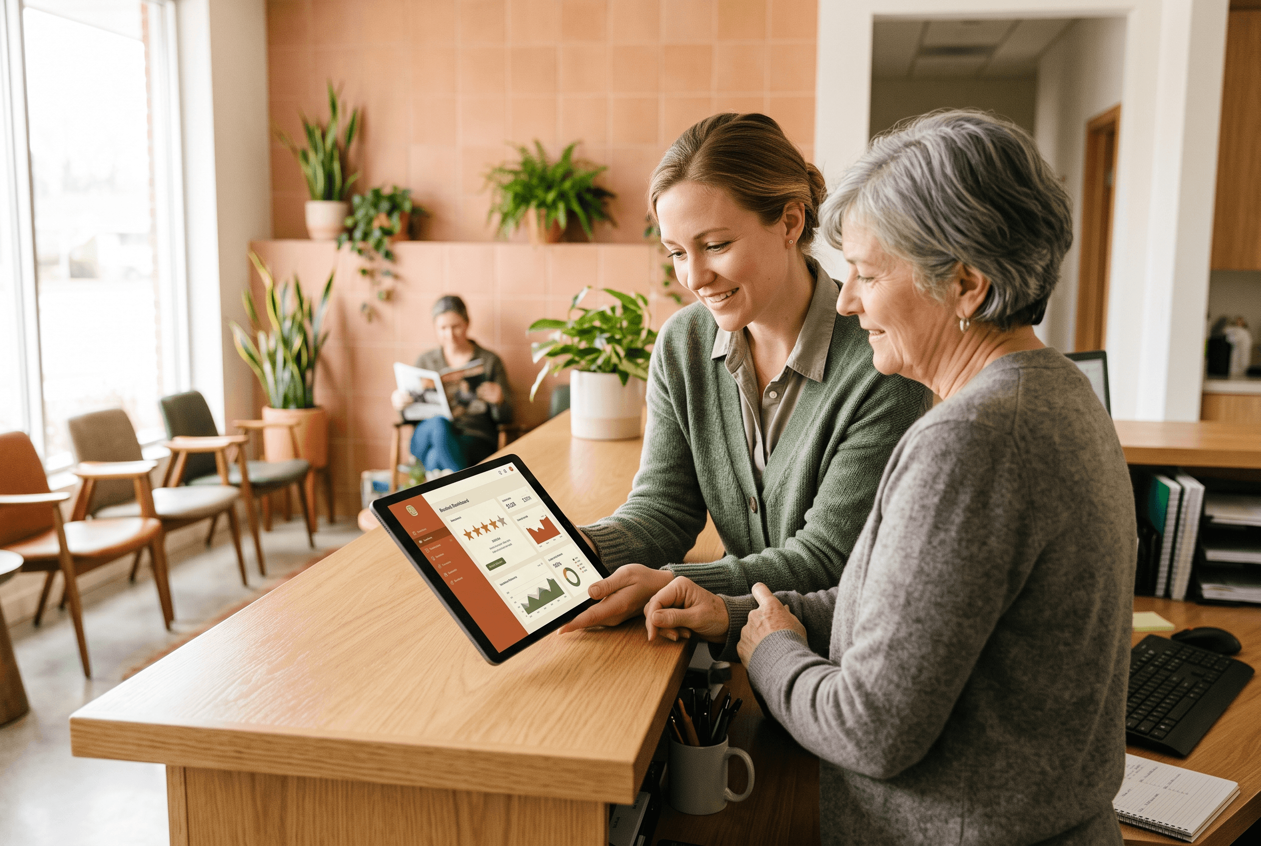 Front-desk staff at a Fort Wayne dental office reviewing customer reviews and business profile details on a tablet with a warm-toned dashboard