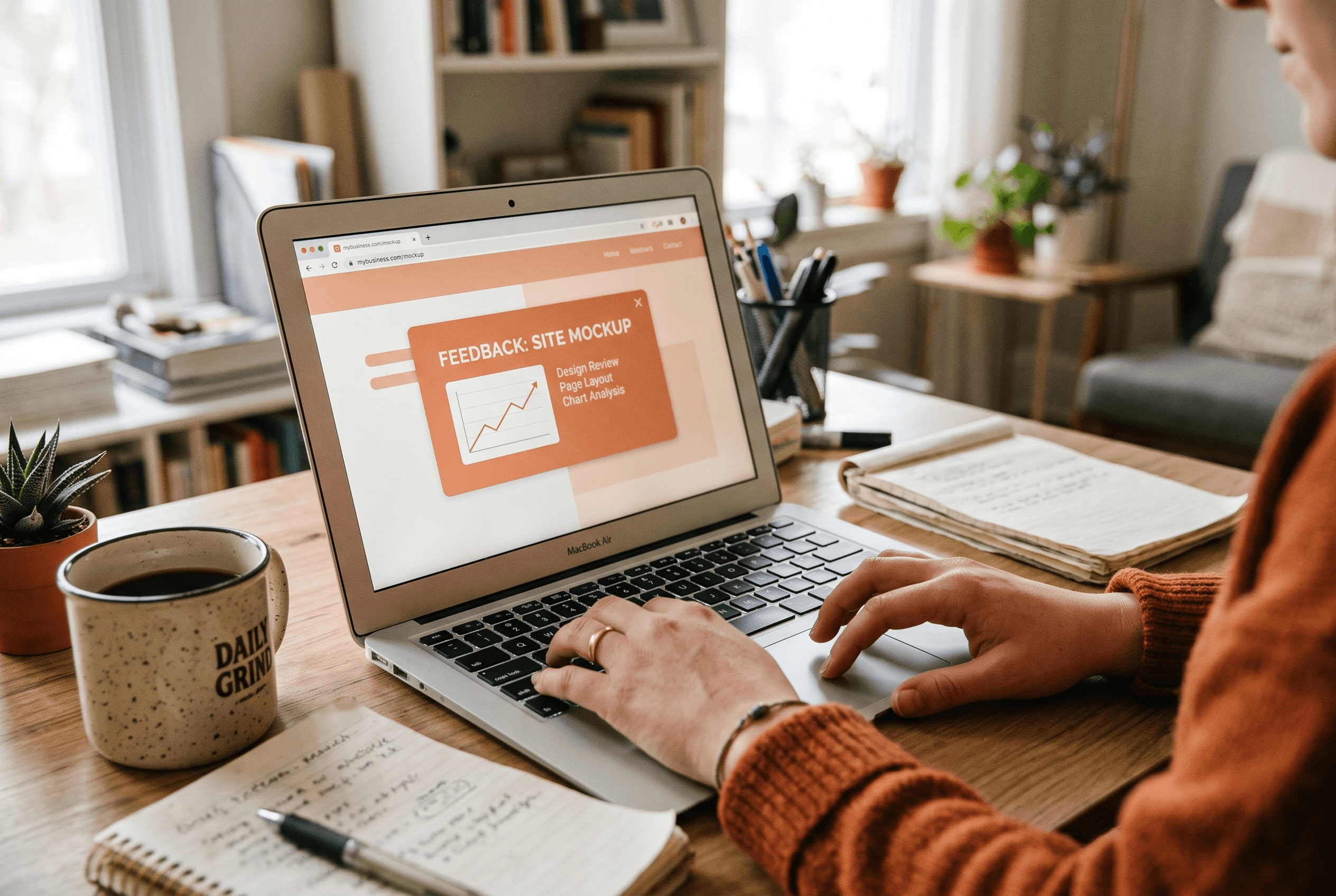 Close view of a business owner’s hands at a laptop showing a webpage layout and attention analysis, AI standing in for costly neuromarketing tools