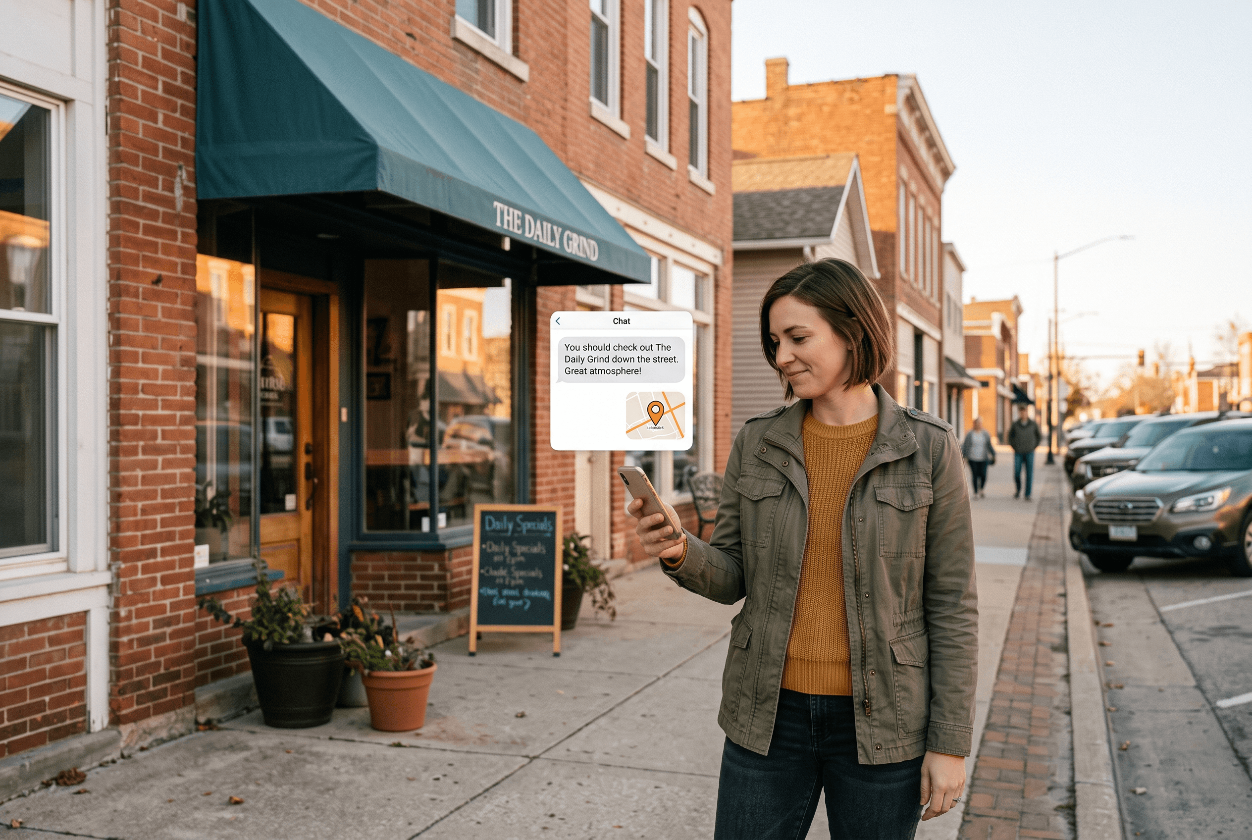 A person outside a small Midwest storefront holding a phone that shows a chat recommendation and map pin, illustrating AI search visibility for small sites