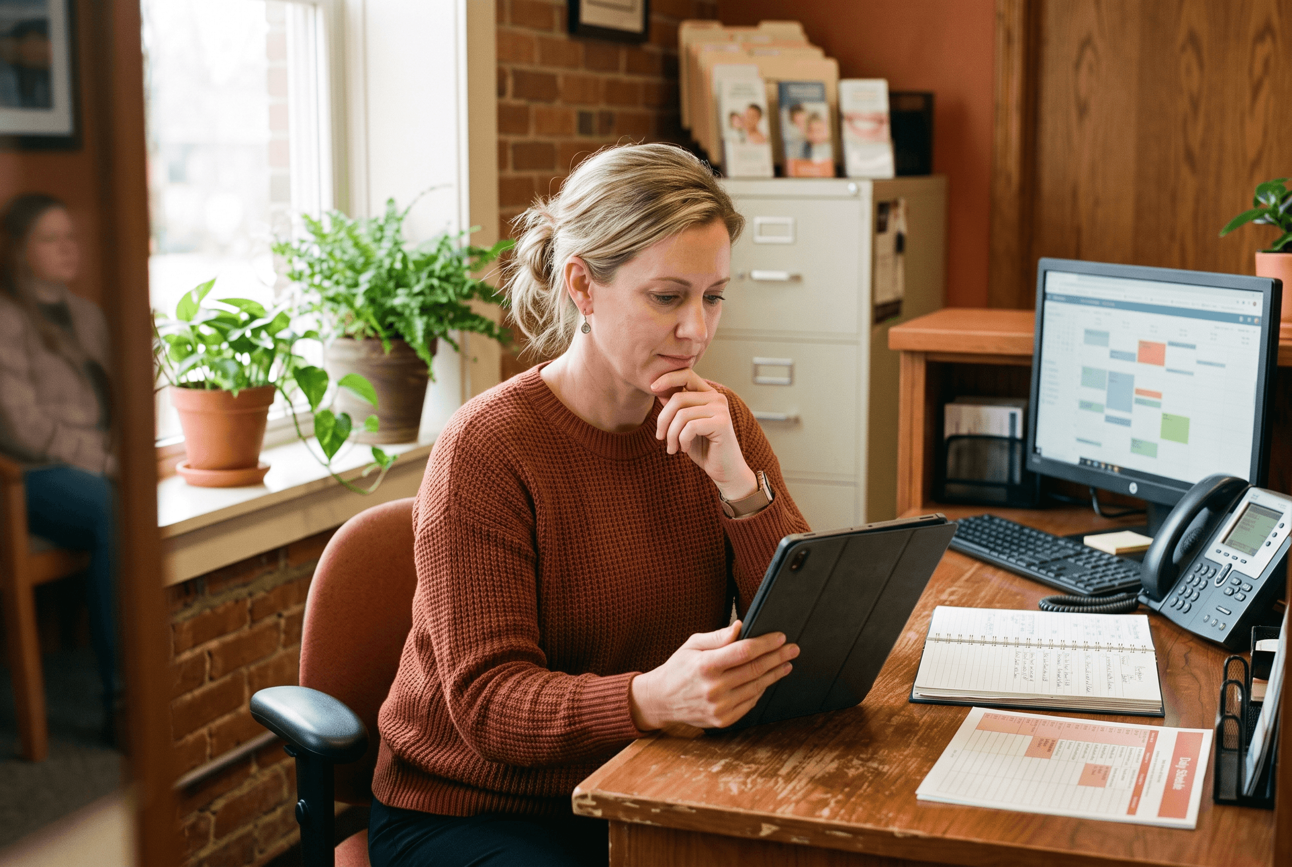 Front-desk staff at a Midwest dental office reviewing an AI-drafted customer message on a tablet before sending, keeping human judgment in the loop