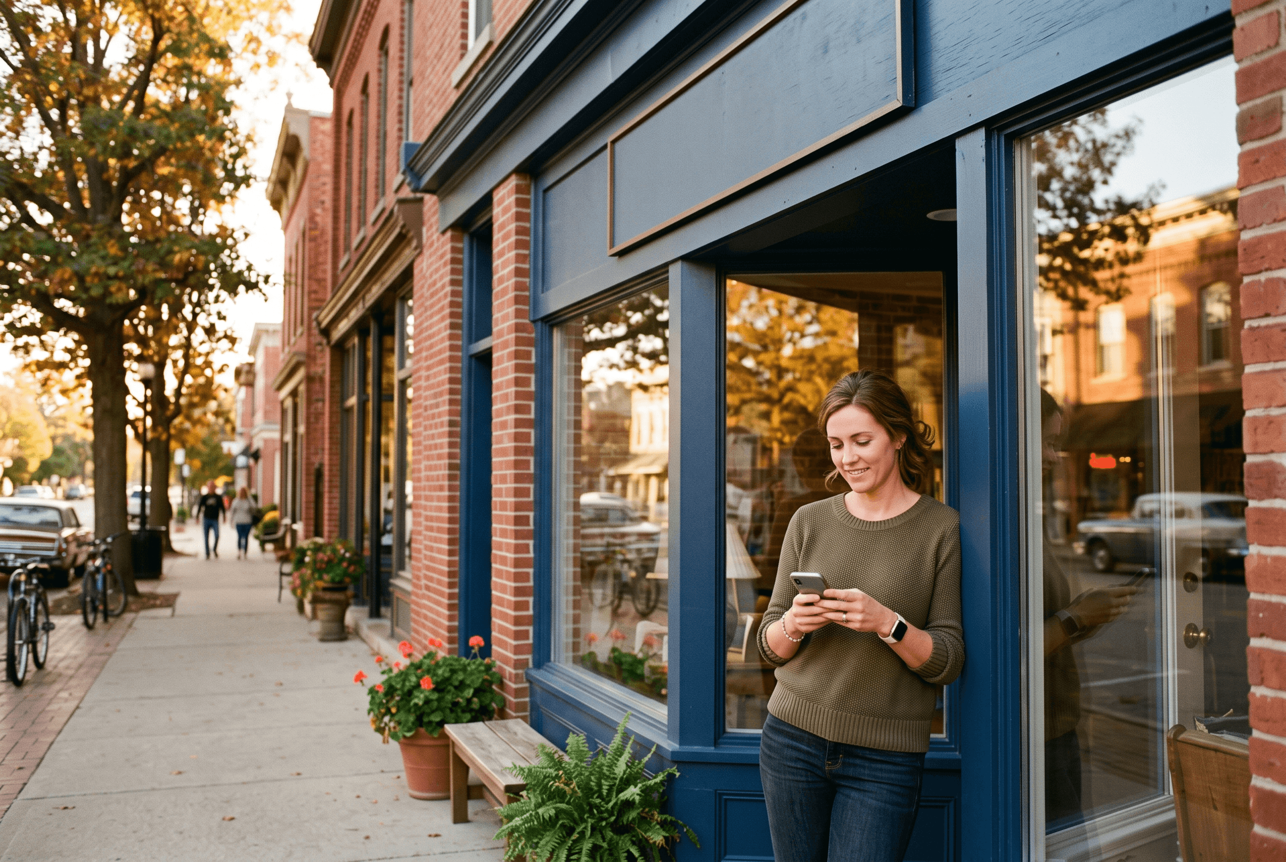 A new Fort Wayne small business owner standing outside a freshly opened storefront checking their phone on launch day