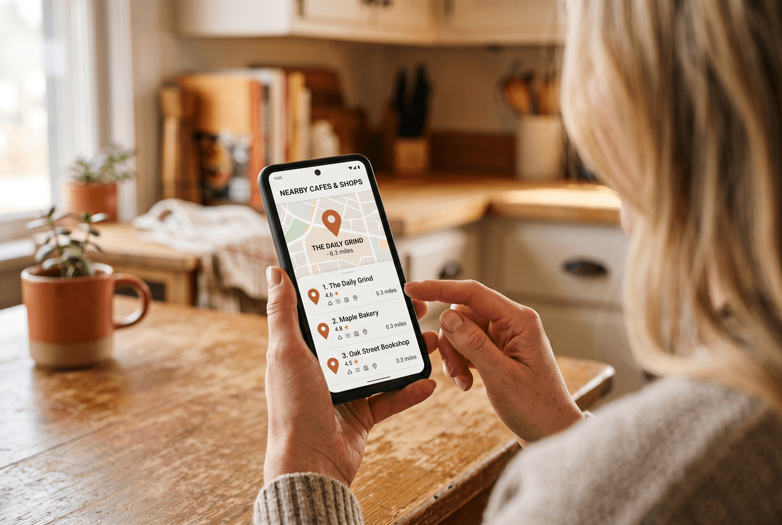 Close-up of hands holding a phone that shows a local search results screen with a warm-accented map pin for a Fort Wayne business
