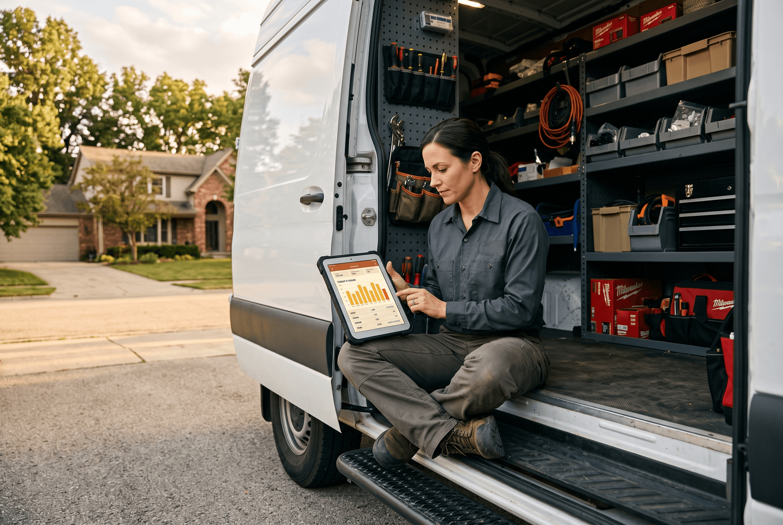 A Fort Wayne HVAC technician checking a tablet dashboard in a service van showing booking and website analytics