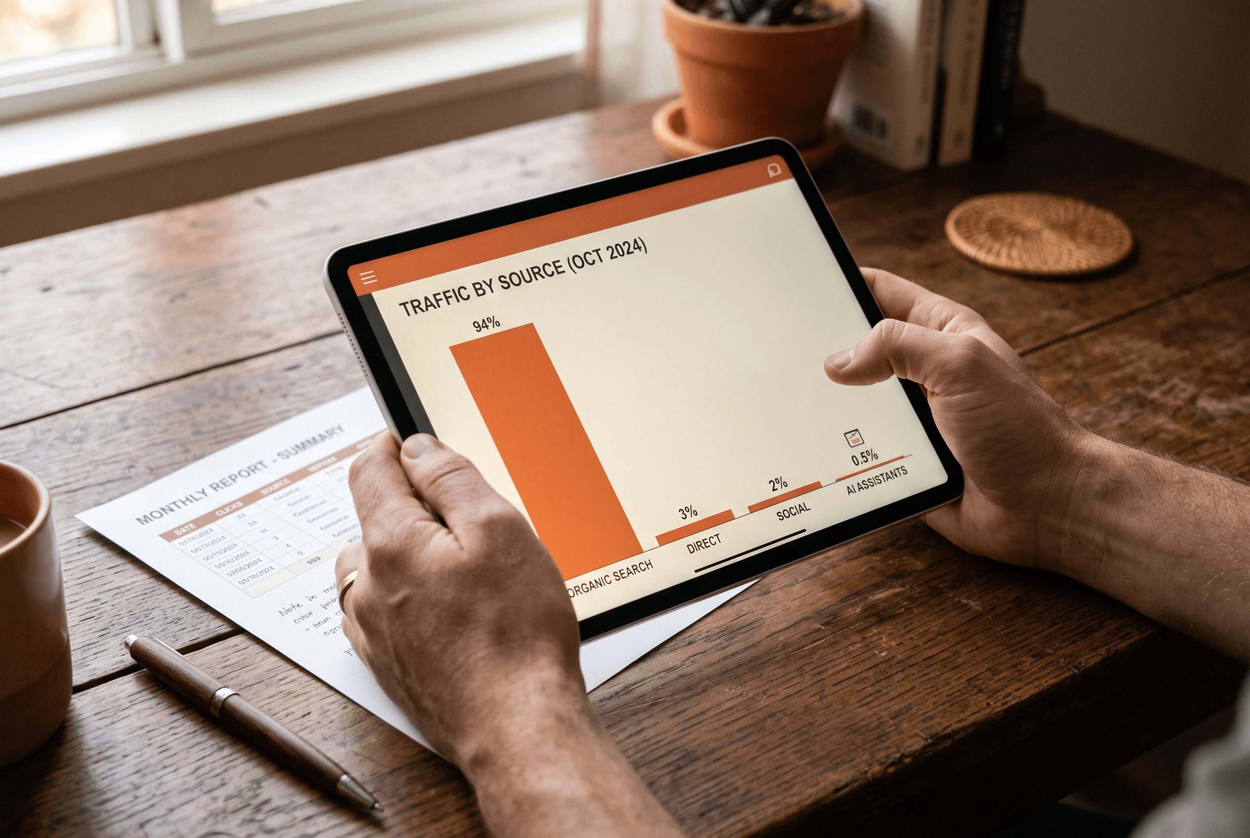 Close view of hands comparing website traffic sources on a tablet showing AI search as a thin slice beside a dominant organic search bar