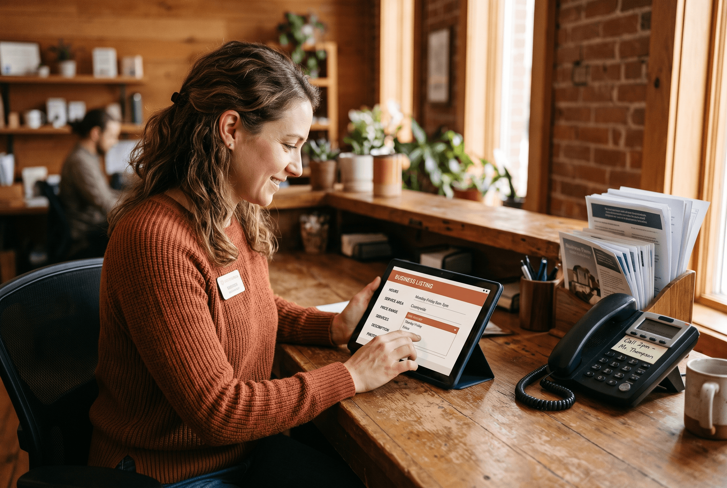 Front-desk staff at a Fort Wayne service business update hours and pricing into plain text on a tablet while taking a customer call