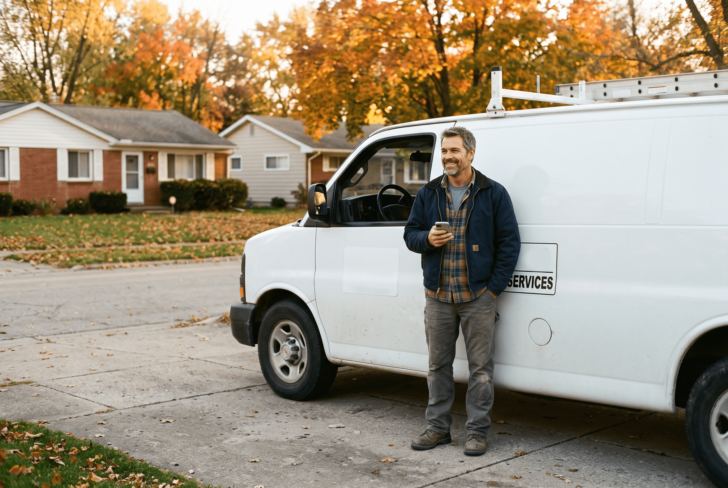 A Fort Wayne home-services owner stands beside a work van outside a neighborhood home, the everyday setting where local marketing books real jobs